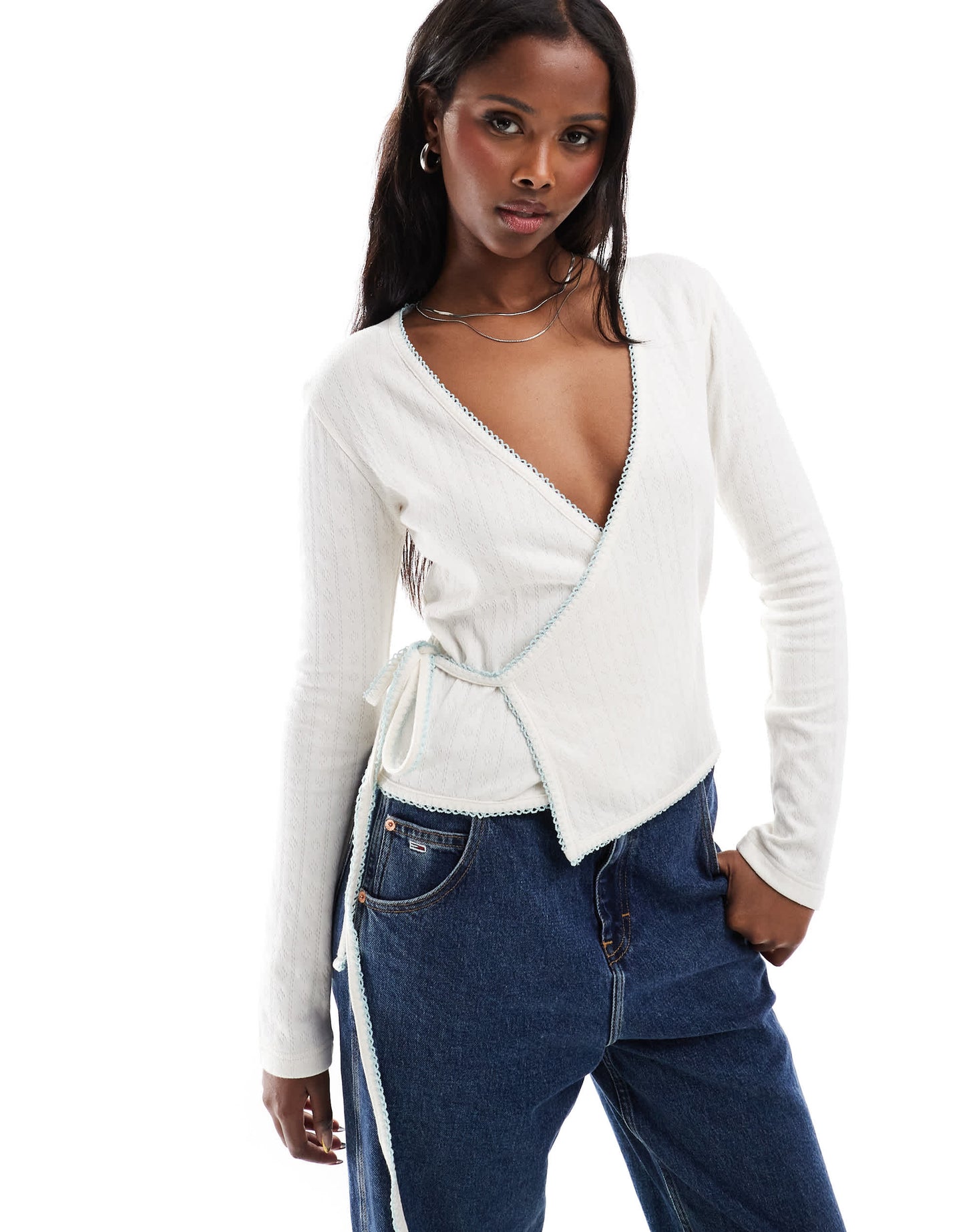 Daisy Street pointelle wrap over top in cream