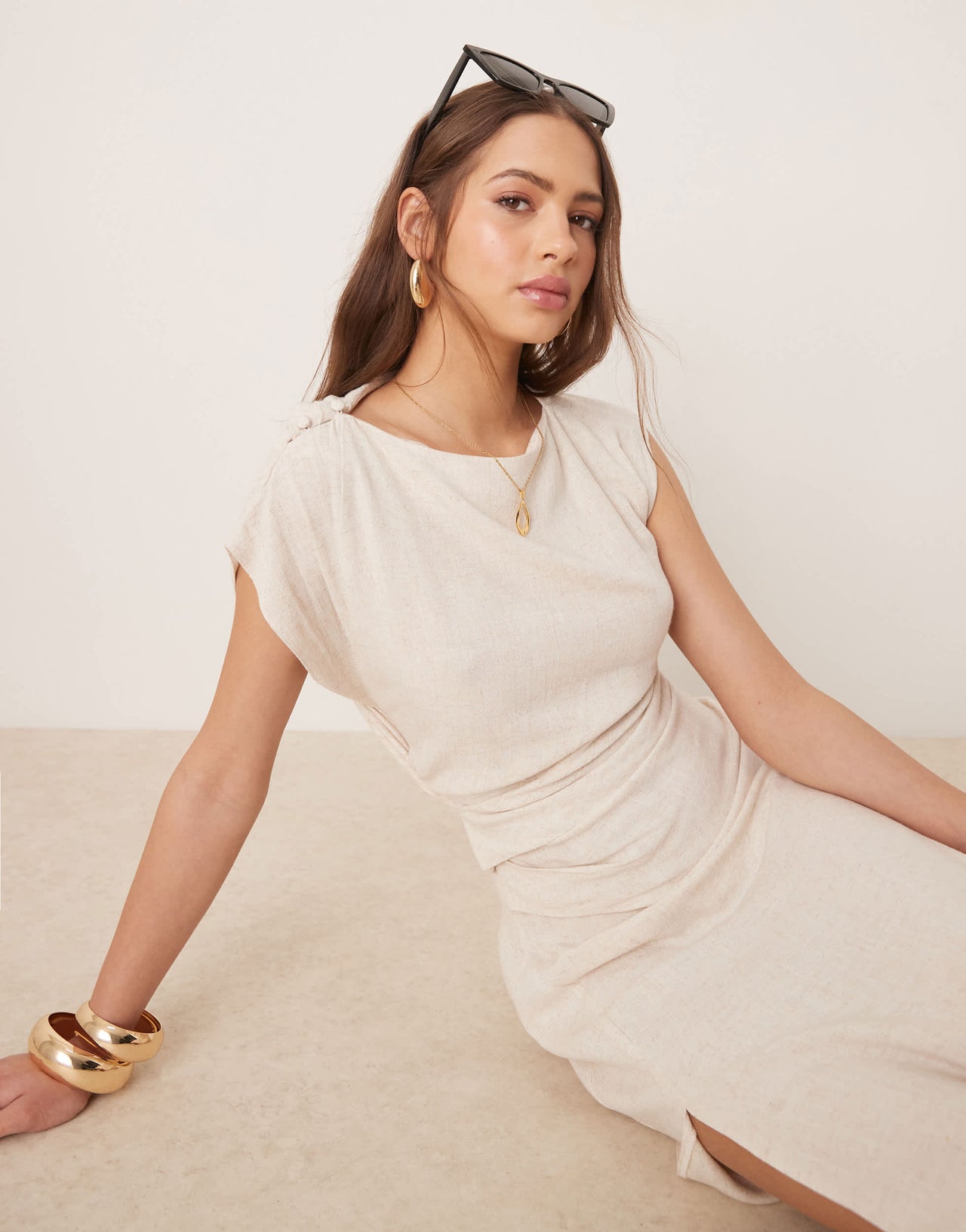 ASOS DESIGN linen open back draped waist midi dress in oat