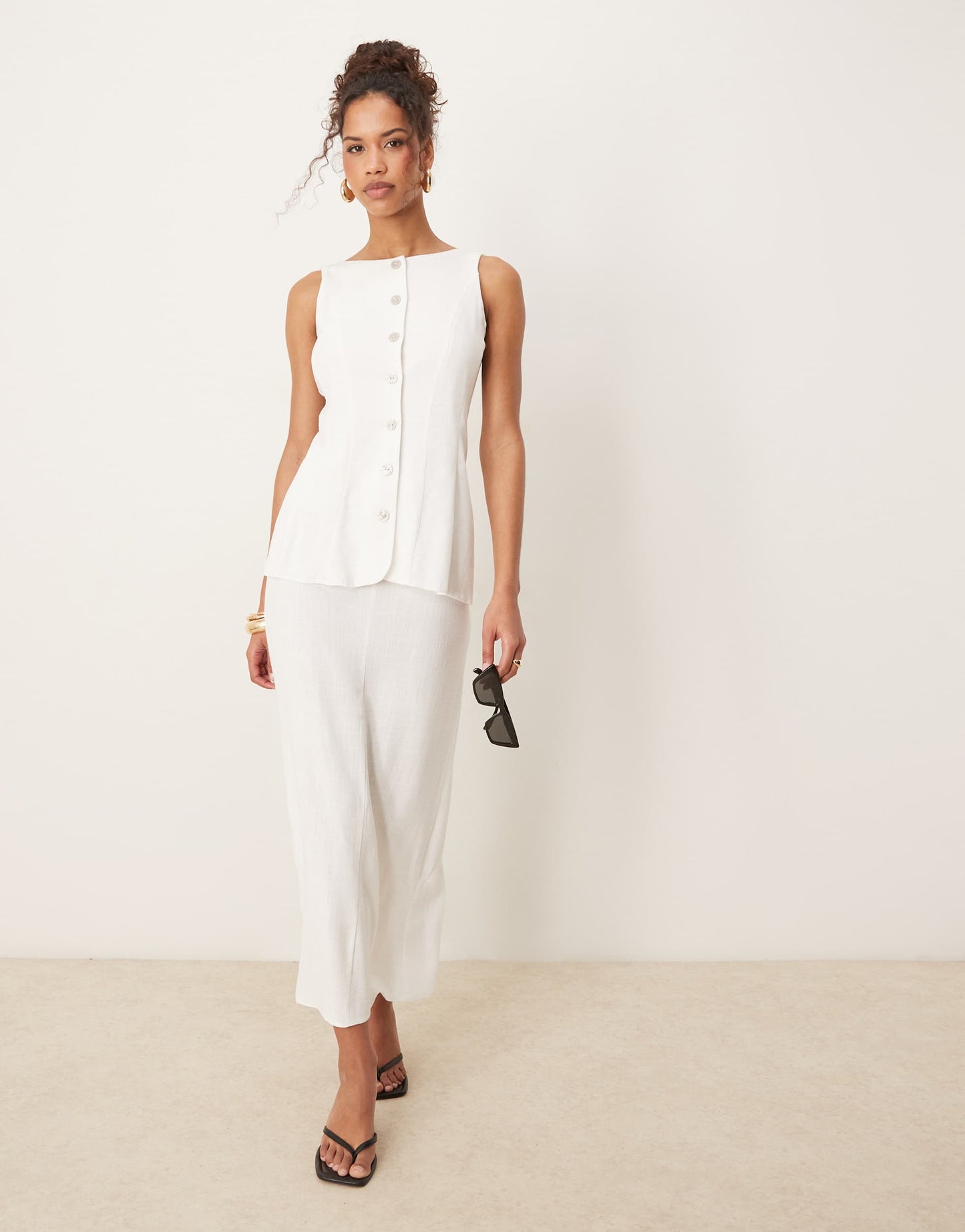 ASOS DESIGN linen waistcoat detail midi dress in white