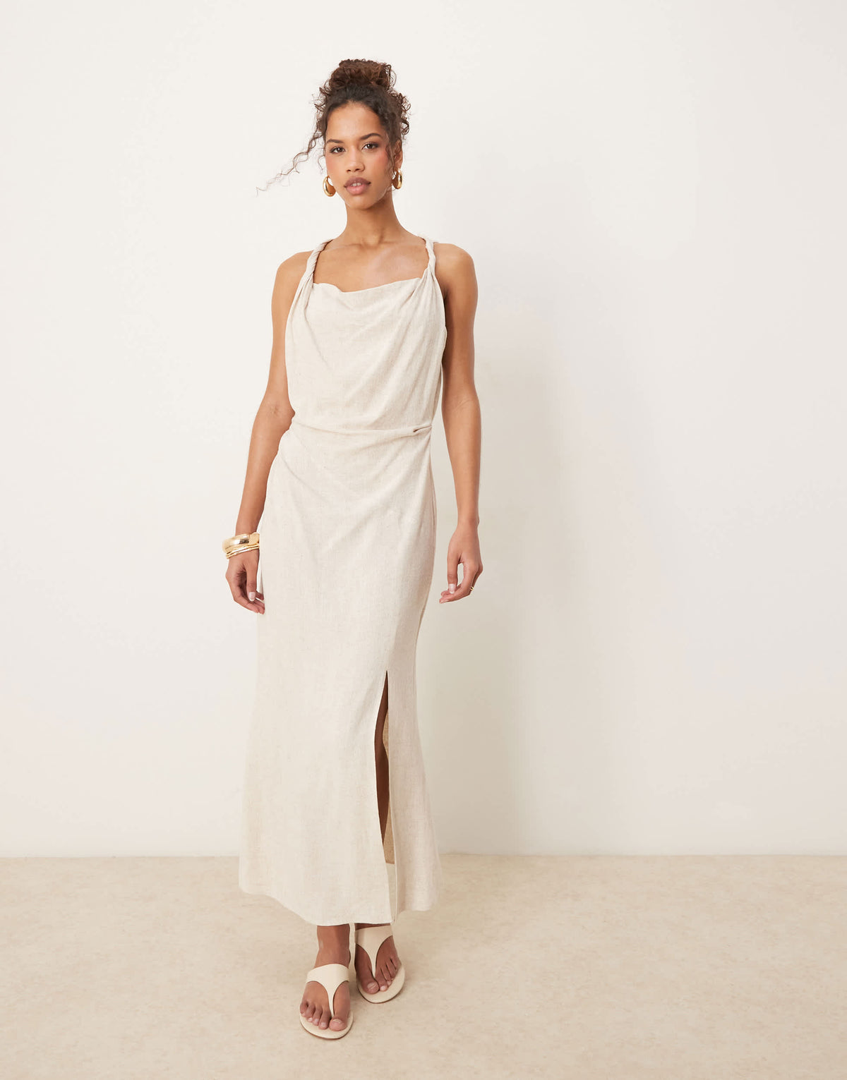 ASOS DESIGN linen twist shoulder detail midi dress with ruching in oat