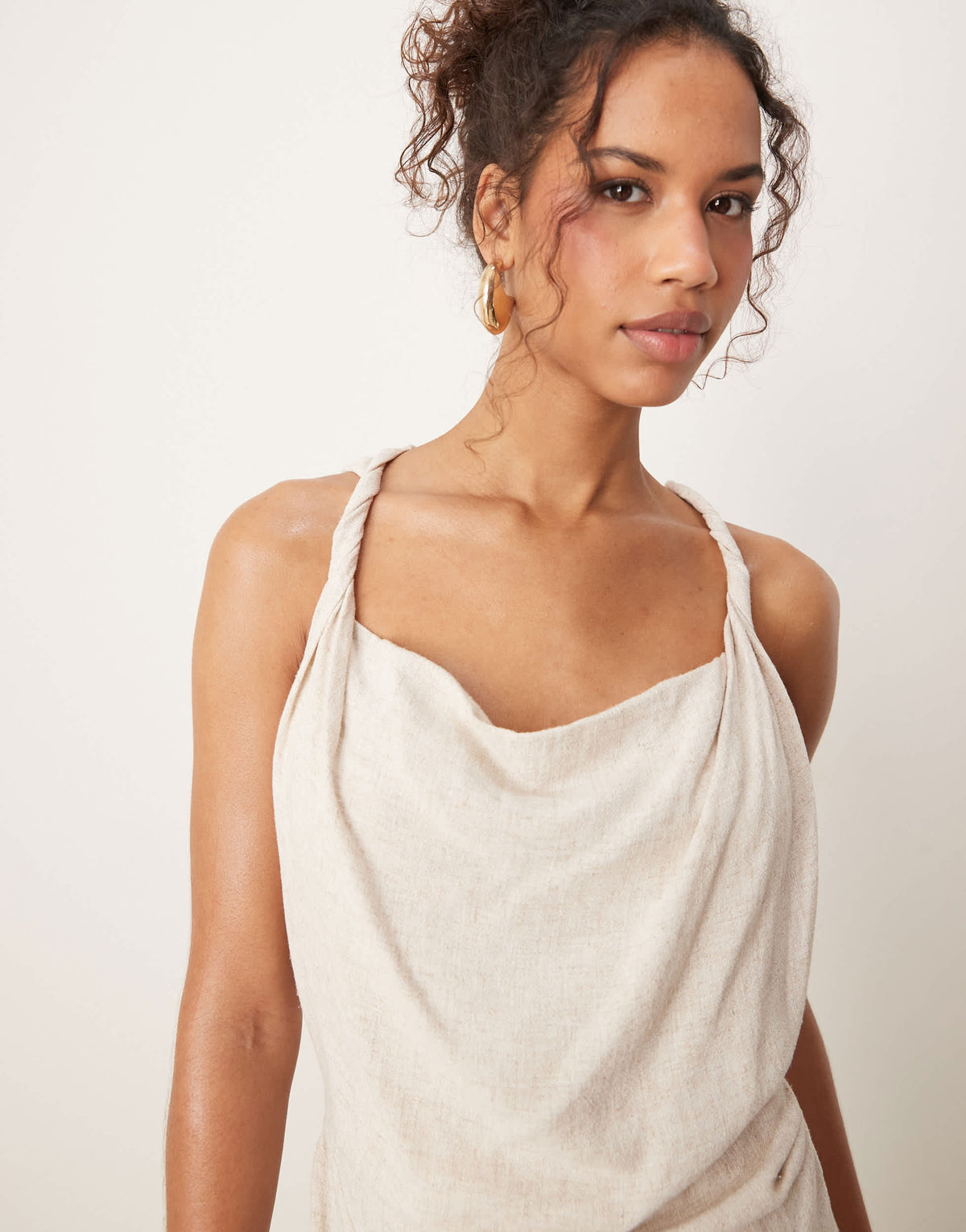 ASOS DESIGN linen twist shoulder detail midi dress with ruching in oat