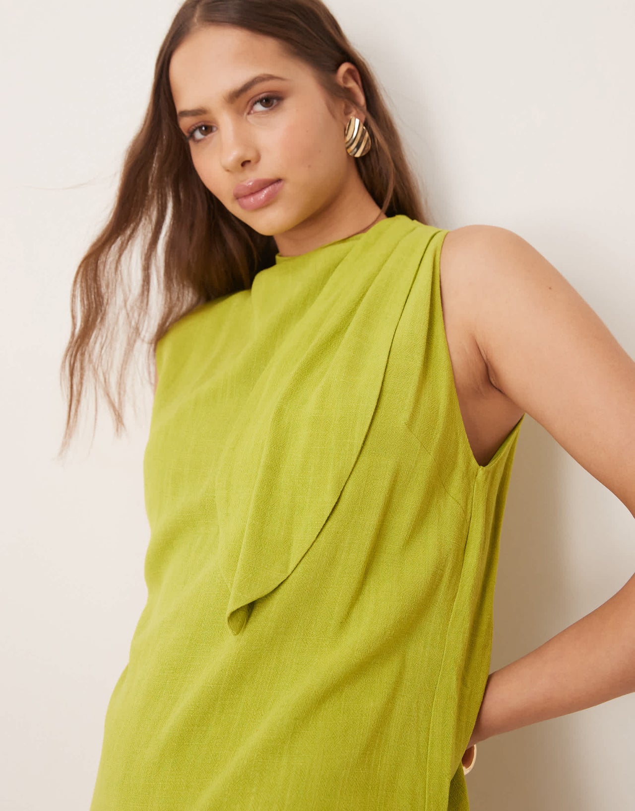 ASOS DESIGN linen double layer neck tie detail playsuit in lime green