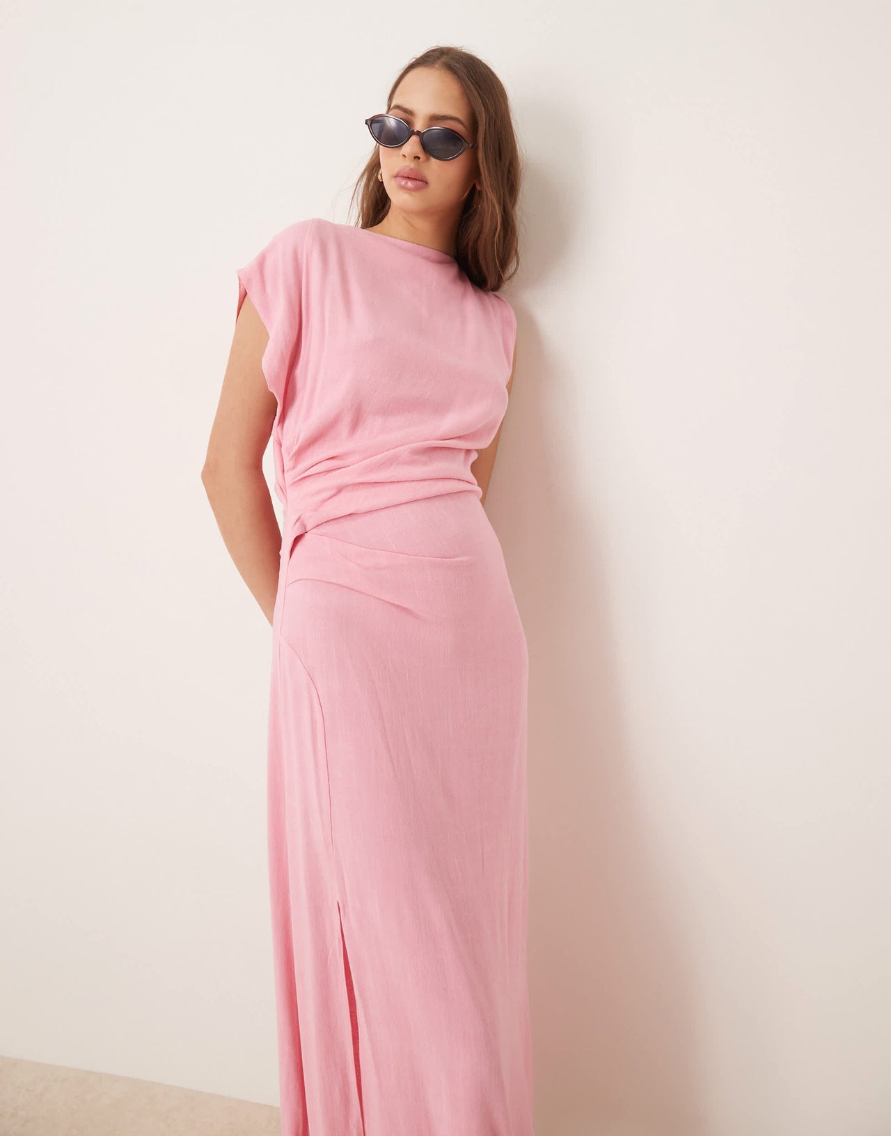 ASOS DESIGN linen open back draped waist midaxi dress in pink