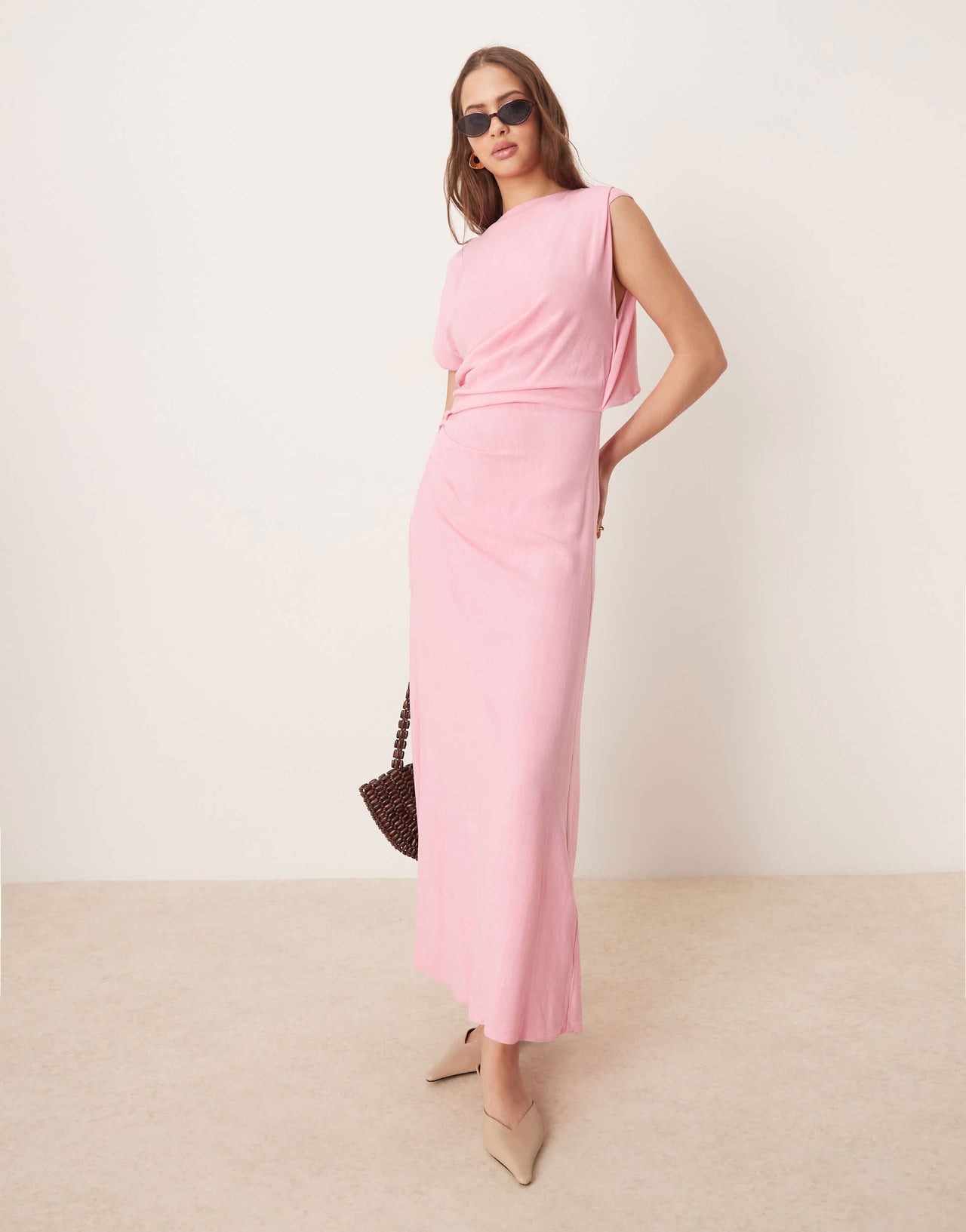 ASOS DESIGN linen open back draped waist midaxi dress in pink