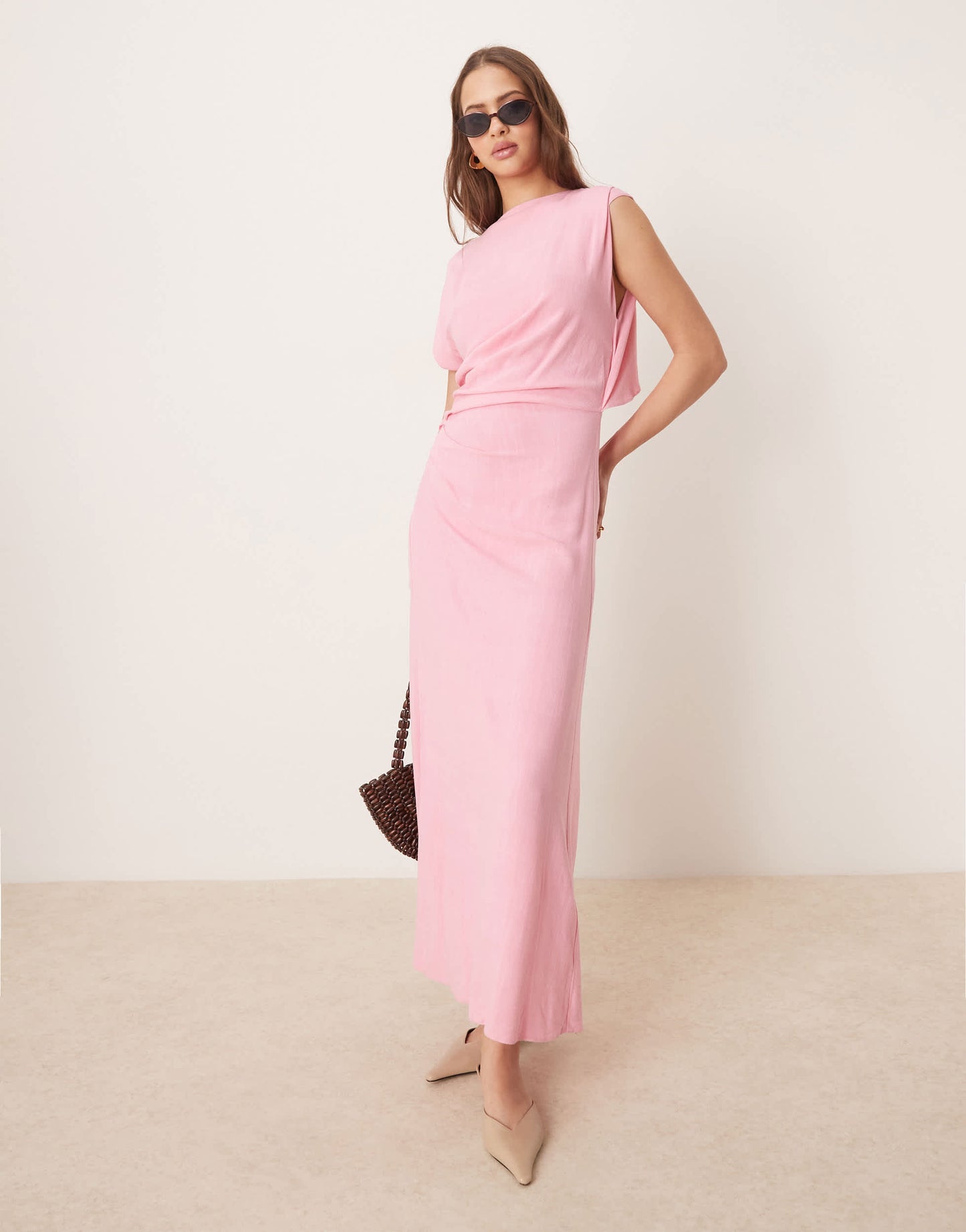 ASOS DESIGN linen open back draped waist midaxi dress in pink