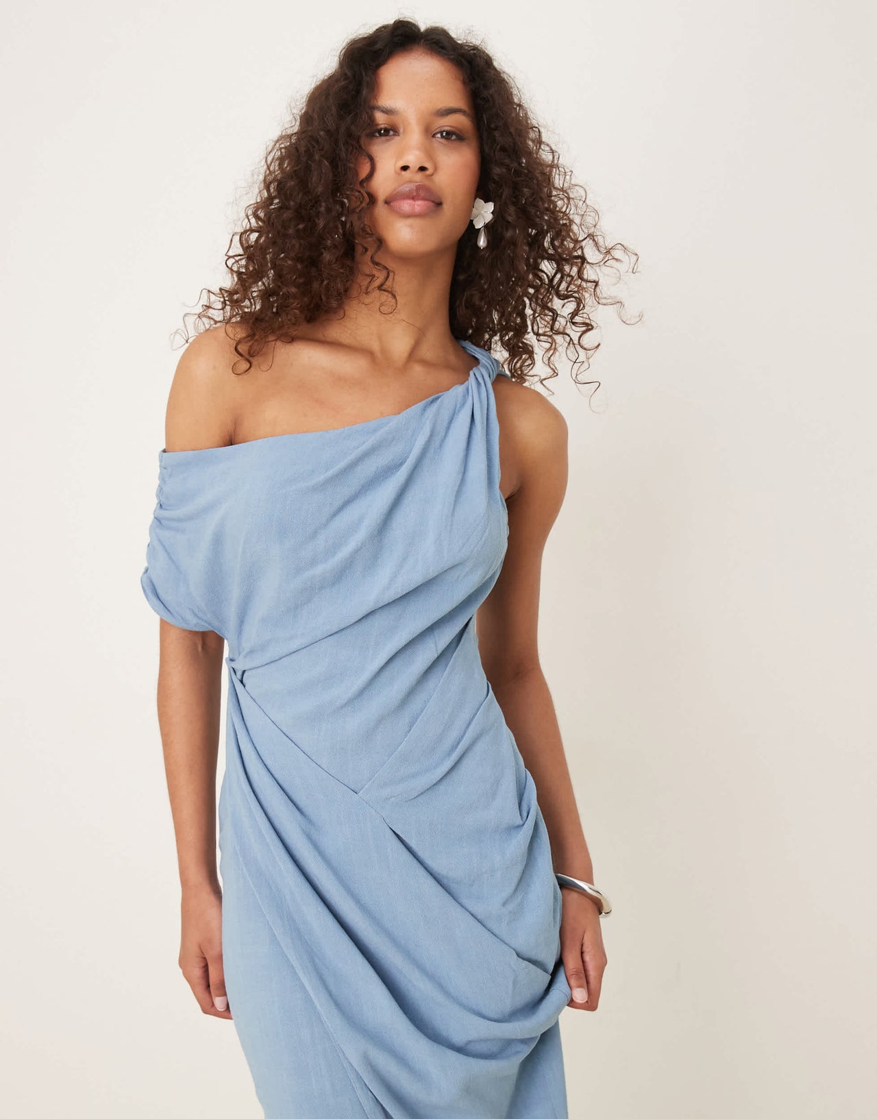 ASOS DESIGN linen fallen twist shoulder wrap skirt detail midi dress in denim blue