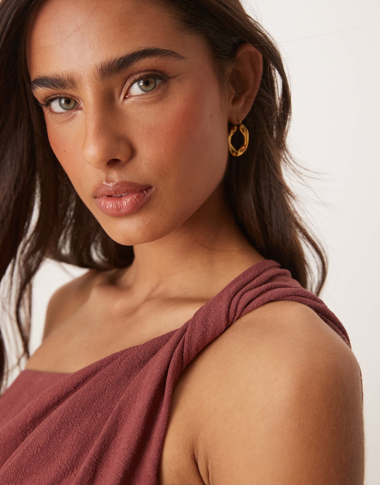 ASOS DESIGN linen fallen twist shoulder wrap skirt detail midi dress in rust
