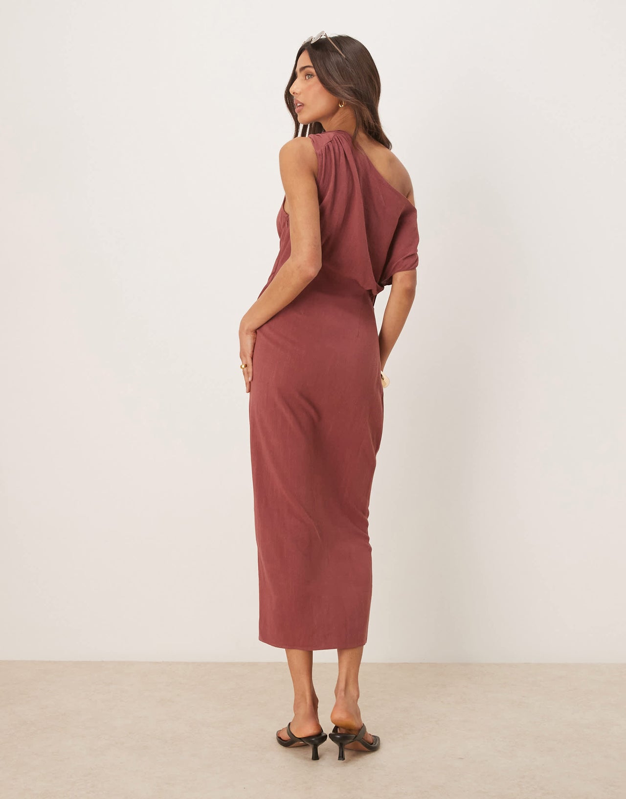 ASOS DESIGN linen fallen twist shoulder wrap skirt detail midi dress in rust