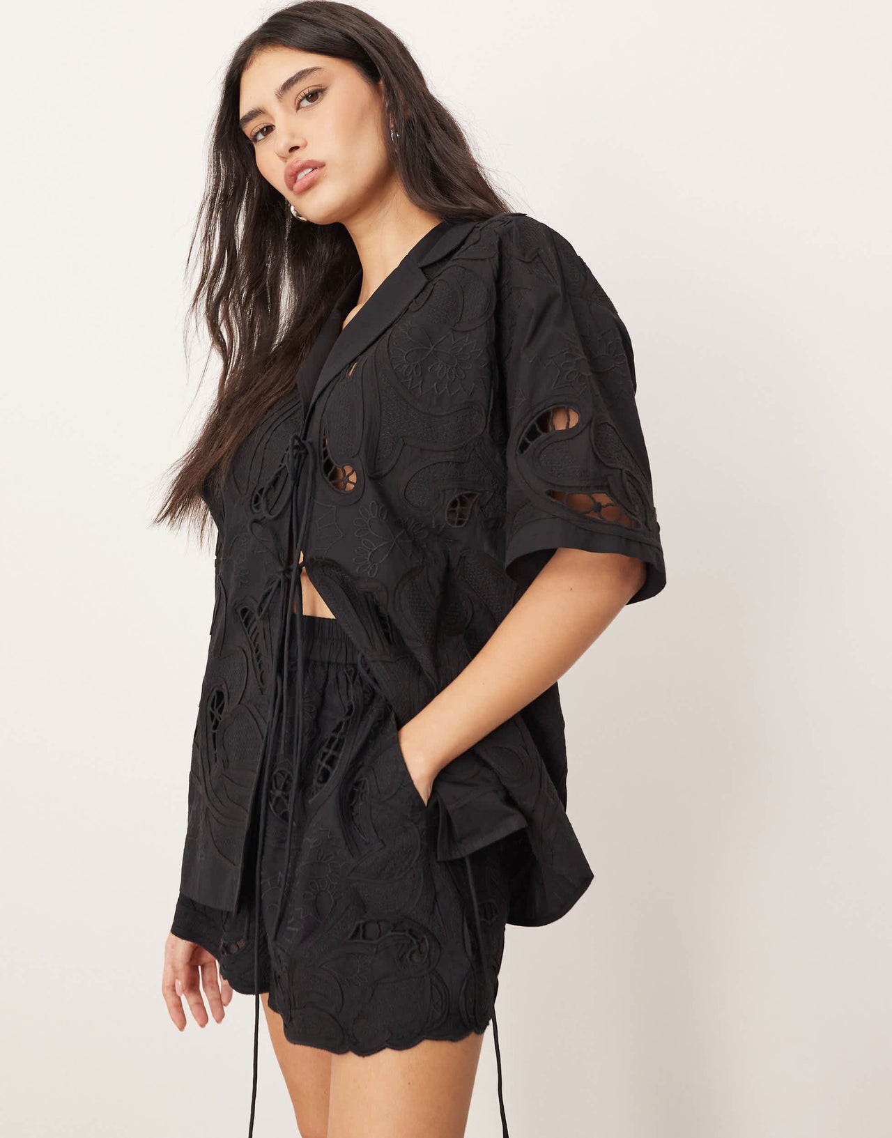 ARRANGE cut work embroidered shorts co-ord in black