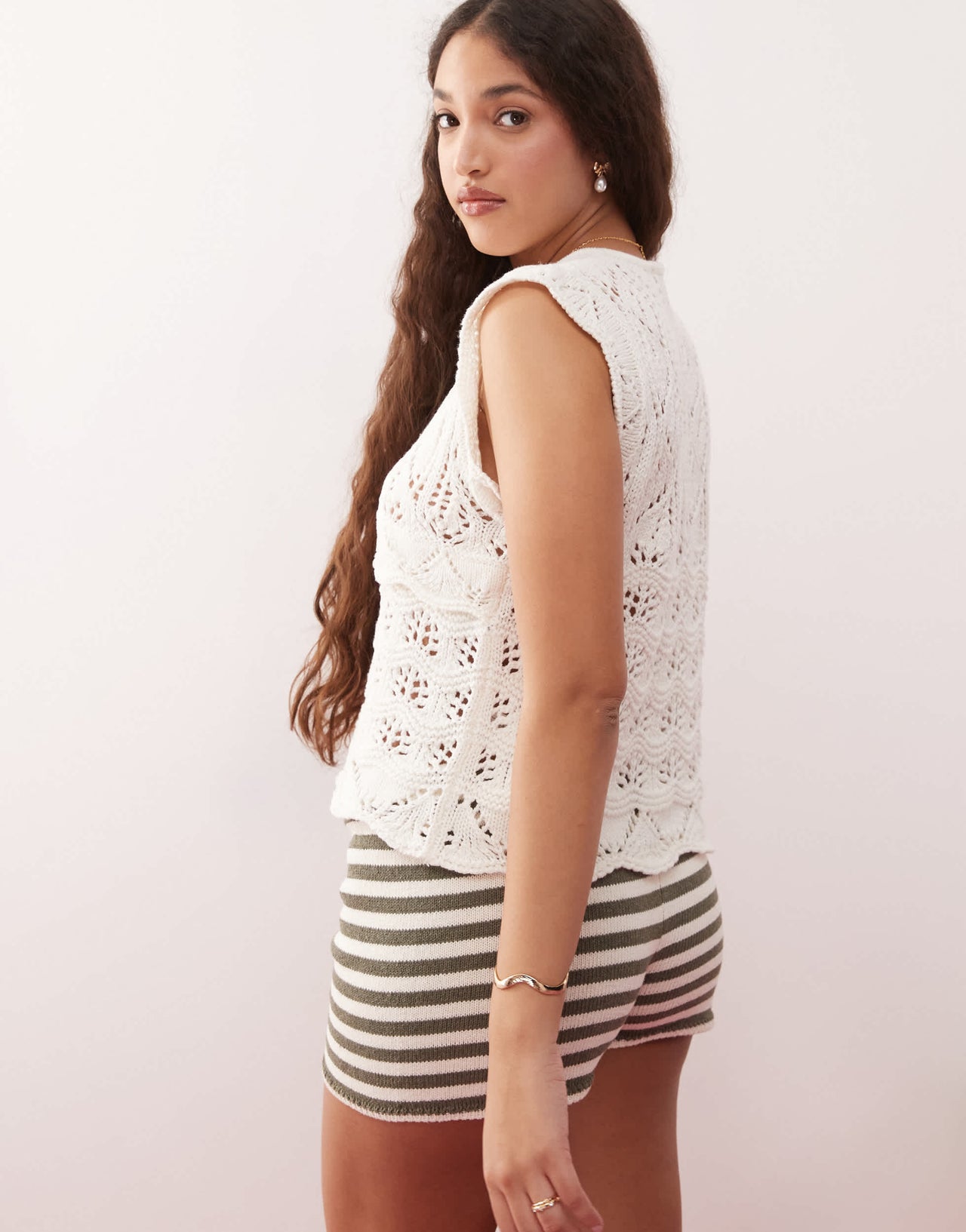 Miss Selfridge crochet button through knit vest in cream