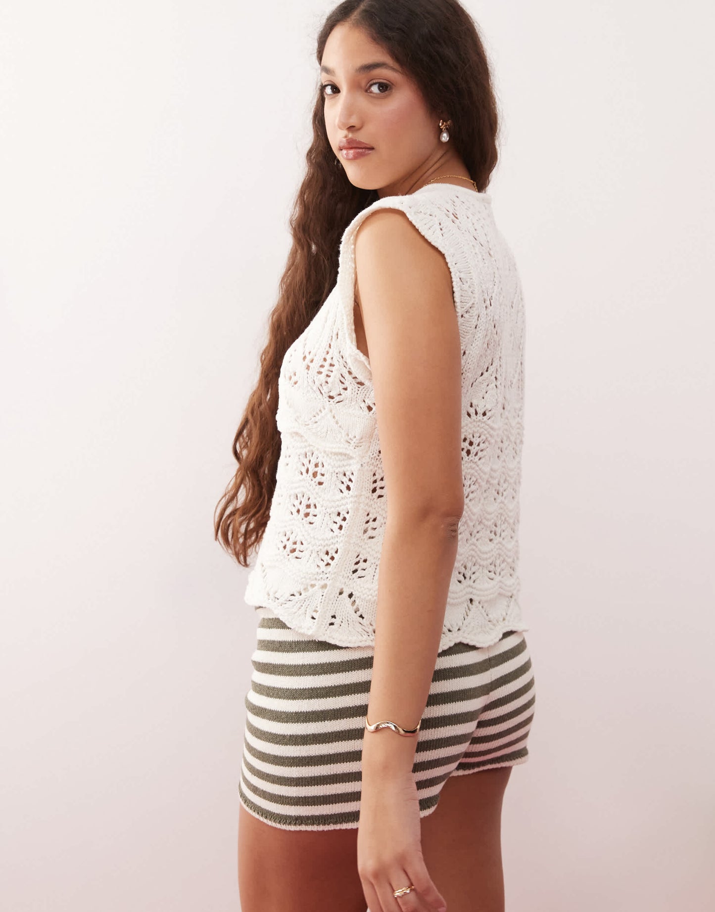 Miss Selfridge crochet button through knit vest in cream
