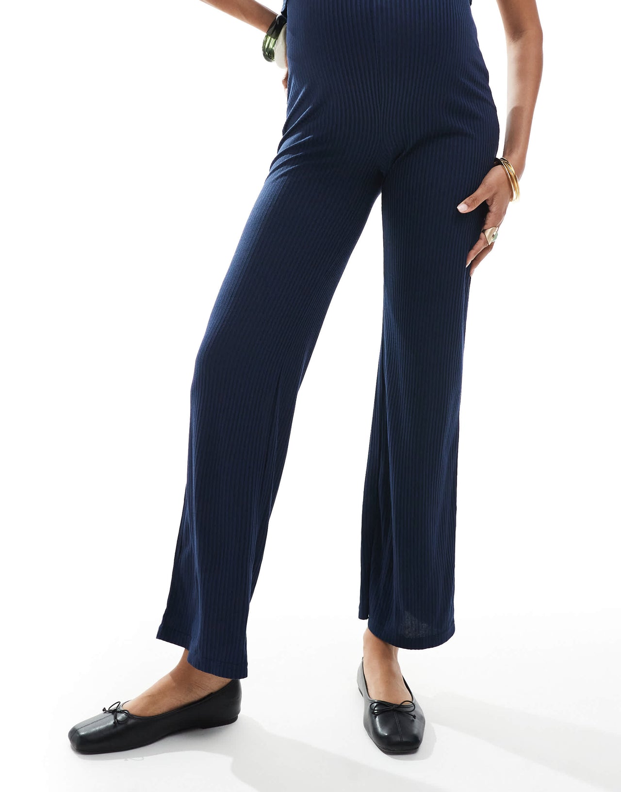 Mamalicious Maternity over the bump ribbed jersey wide leg trouser co-ord in navy
