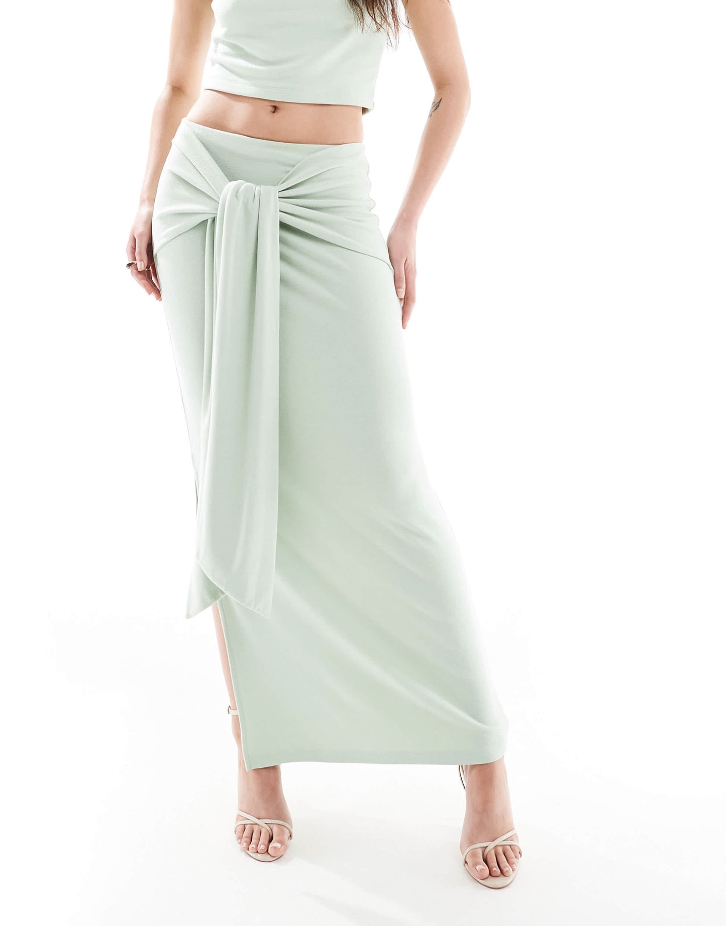 4th & Reckless double layered slinky drape tie waist maxi skirt co-ord in sage