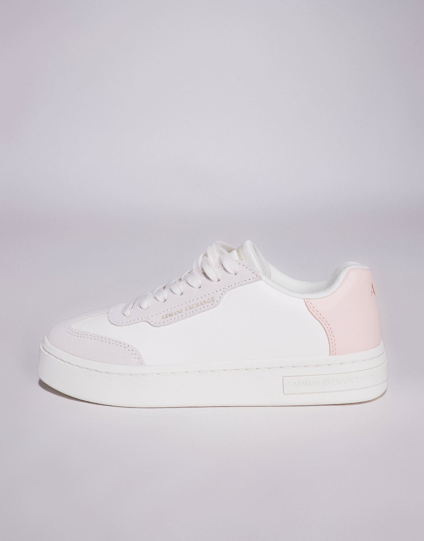 Armani Exchange logo trainers in off white and pink