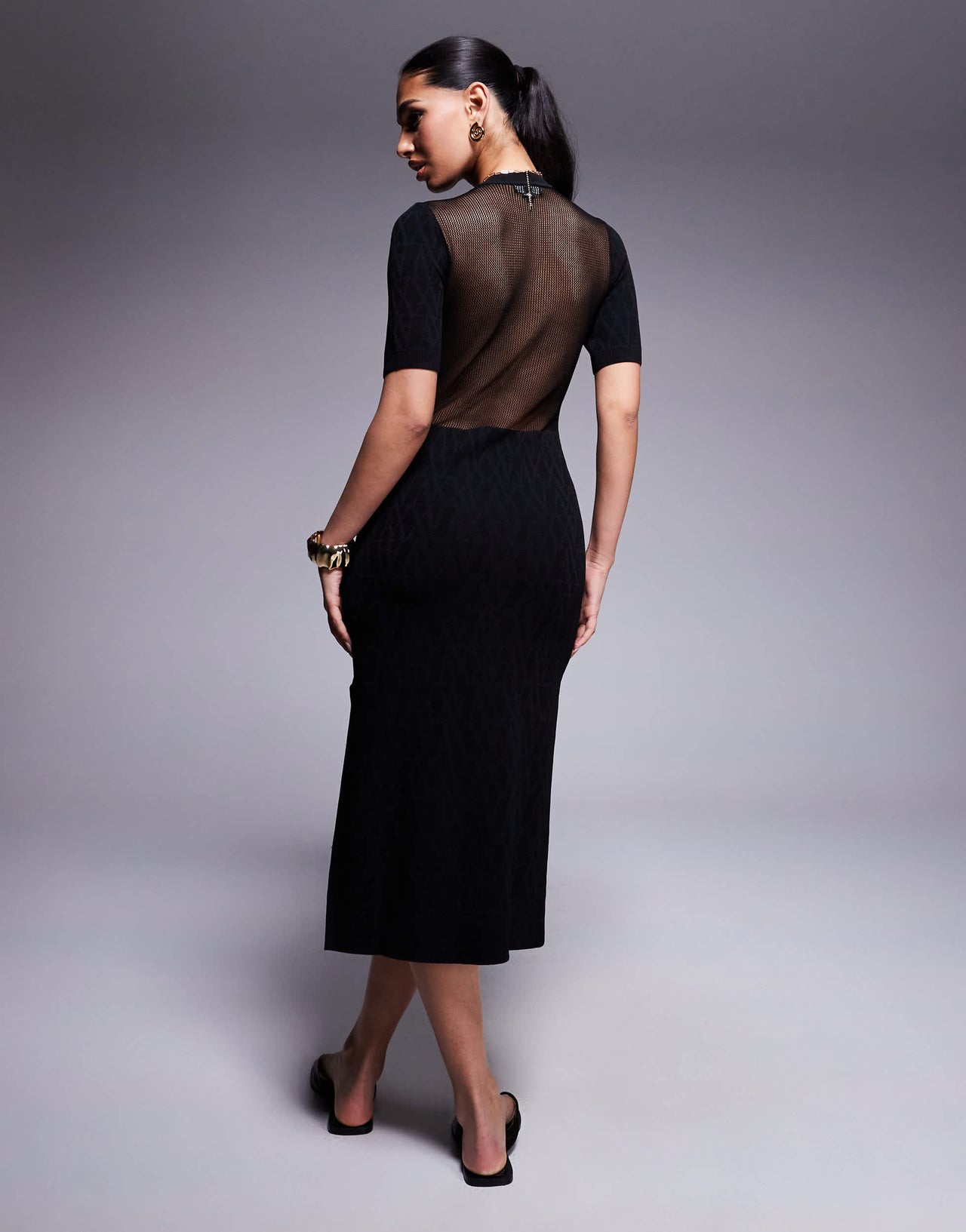 Armani Exchange bodycon midi dress with mesh back in black