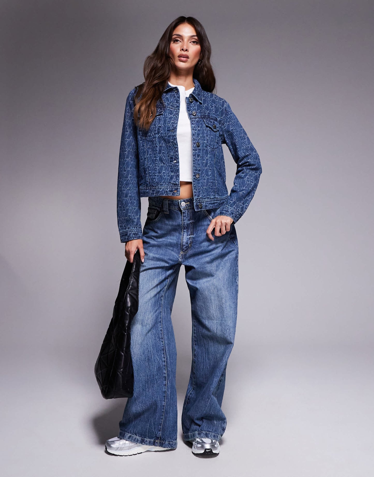Armani Exchange monogram denim jacket in mid blue