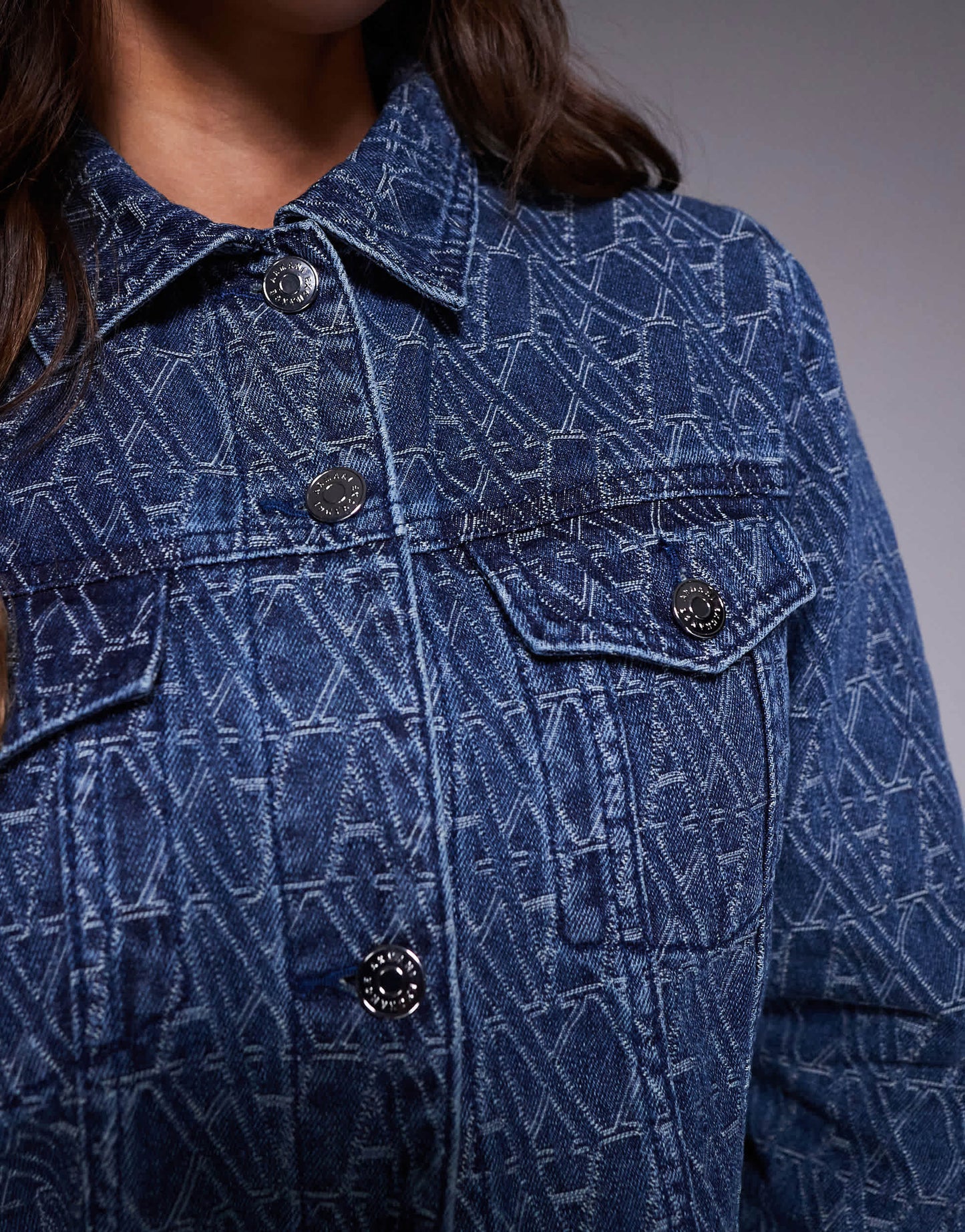 Armani Exchange monogram denim jacket in mid blue