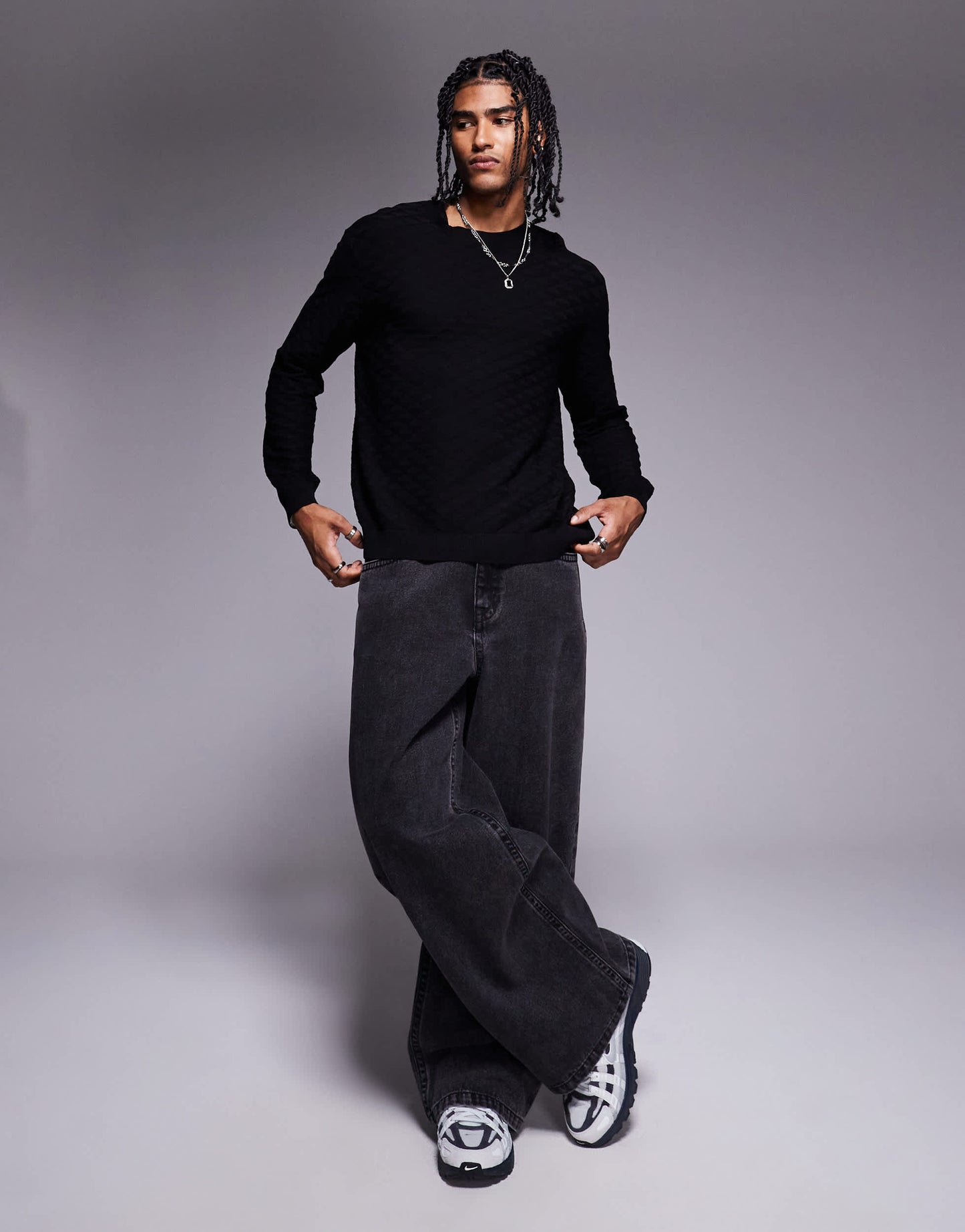 Armani Exchange crew neck textured logo jumper in black