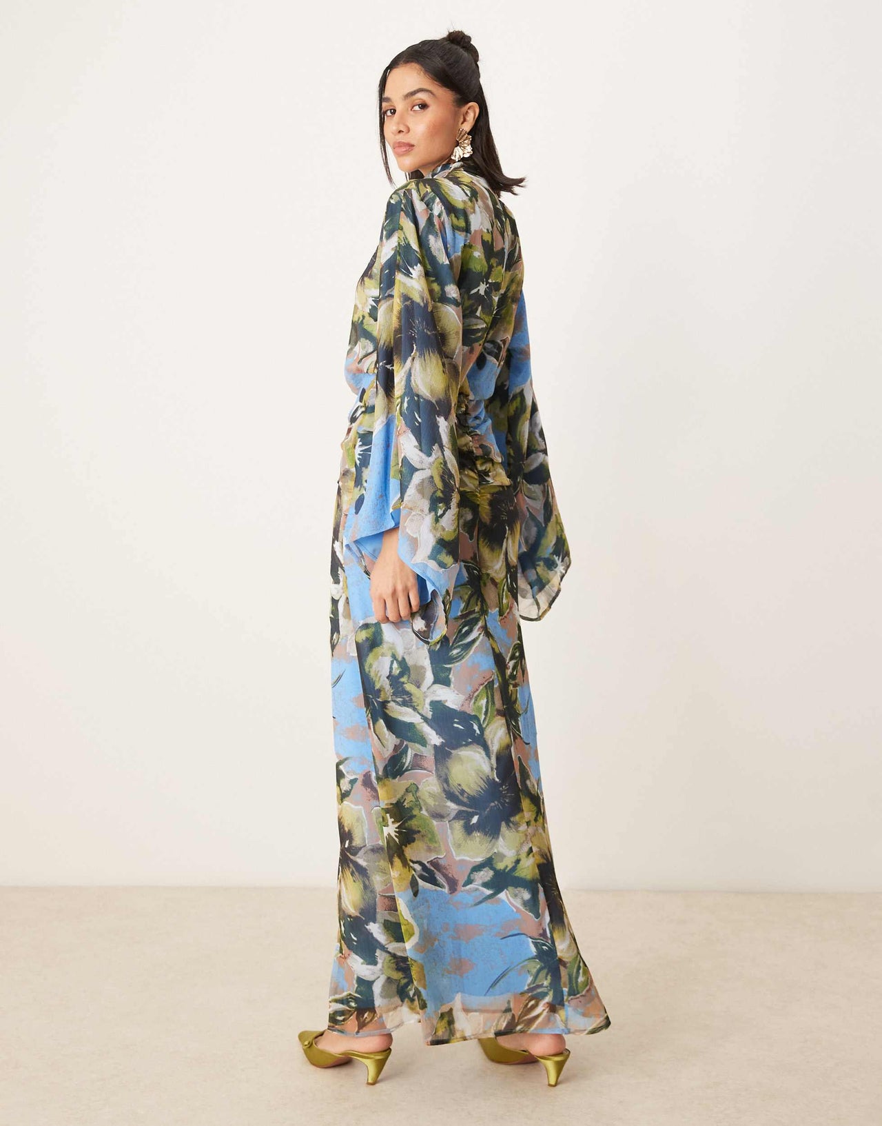 ASOS DESIGN volume sleeve maxi dress with ruched skirt in blue floral print