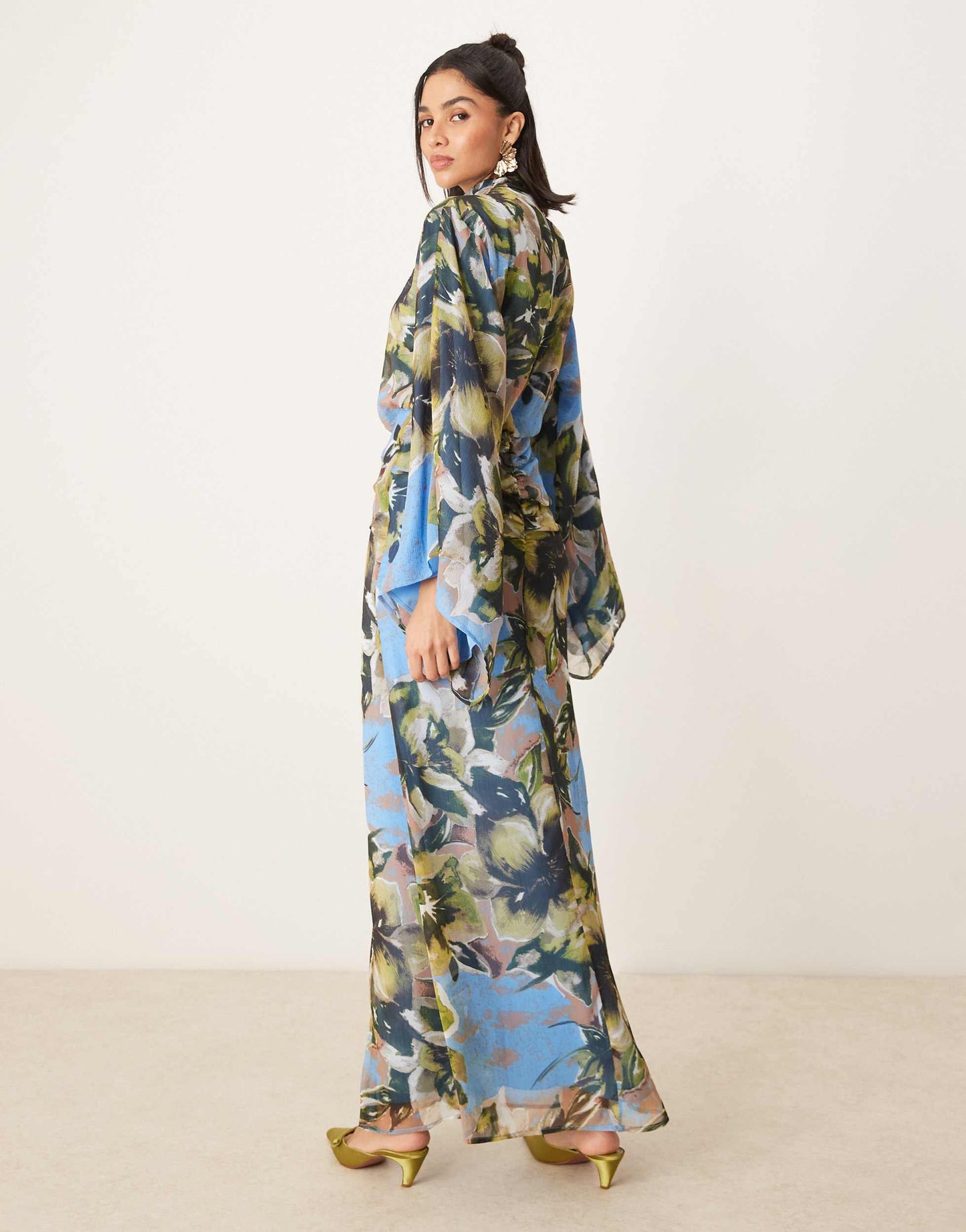 ASOS DESIGN volume sleeve maxi dress with ruched skirt in blue floral print