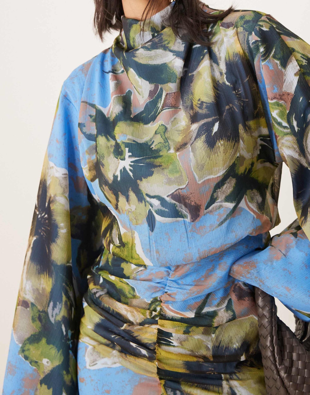 ASOS DESIGN volume sleeve maxi dress with ruched skirt in blue floral print