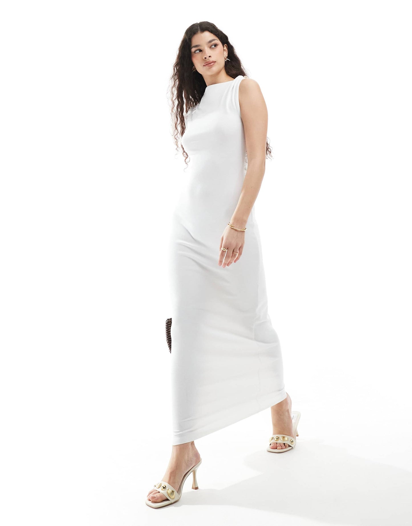 4th & Reckless double layered slinky gold hardware detail off shoulder drape detail maxi dress in cream