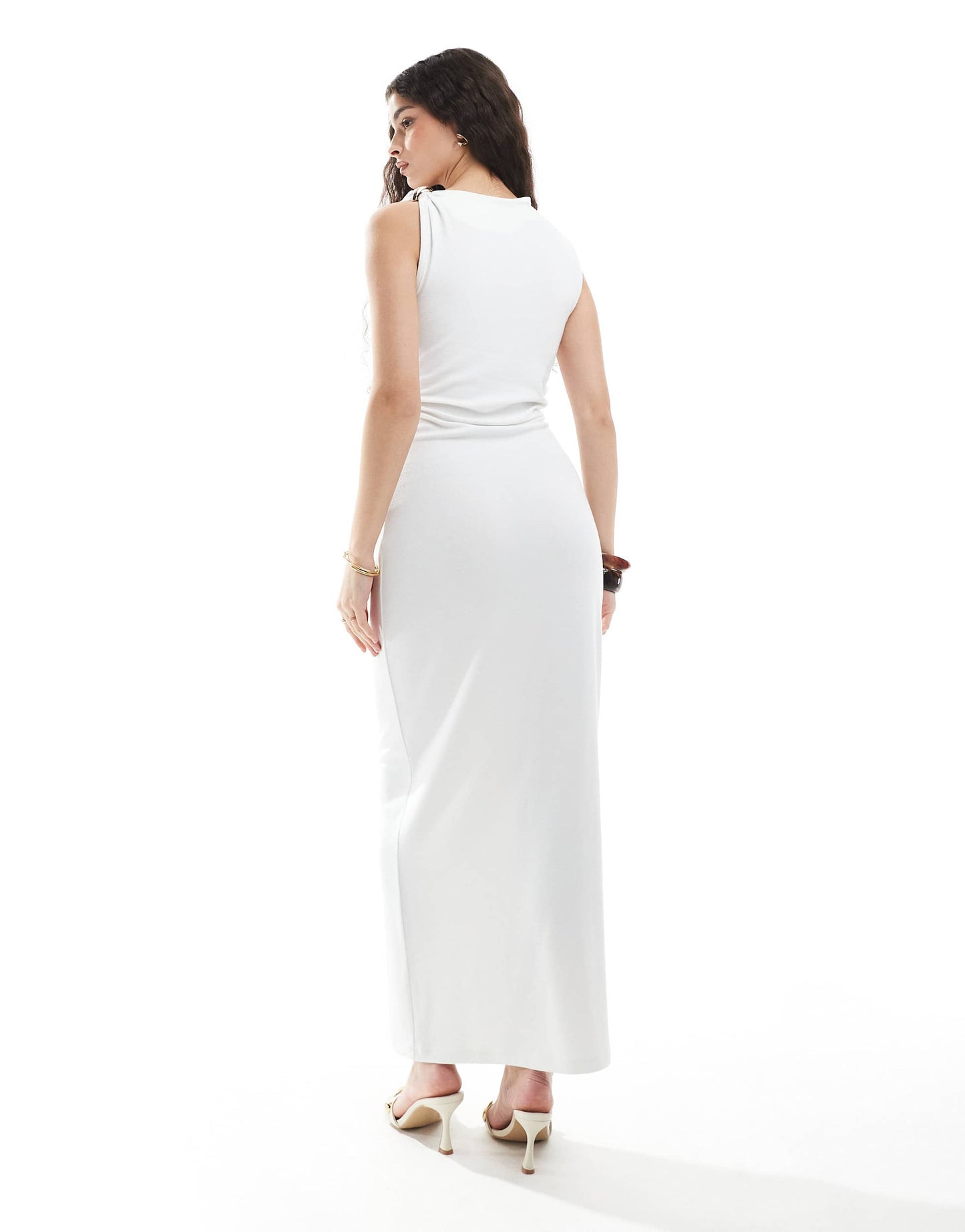 4th & Reckless double layered slinky gold hardware detail off shoulder drape detail maxi dress in cream