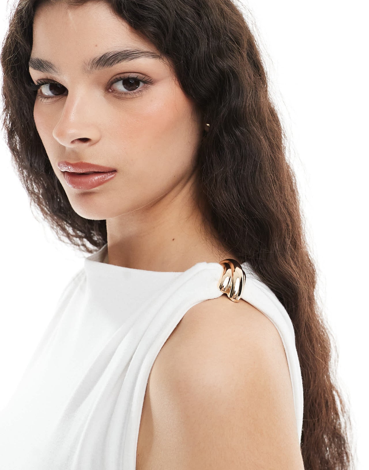 4th & Reckless double layered slinky gold hardware detail off shoulder drape detail maxi dress in cream