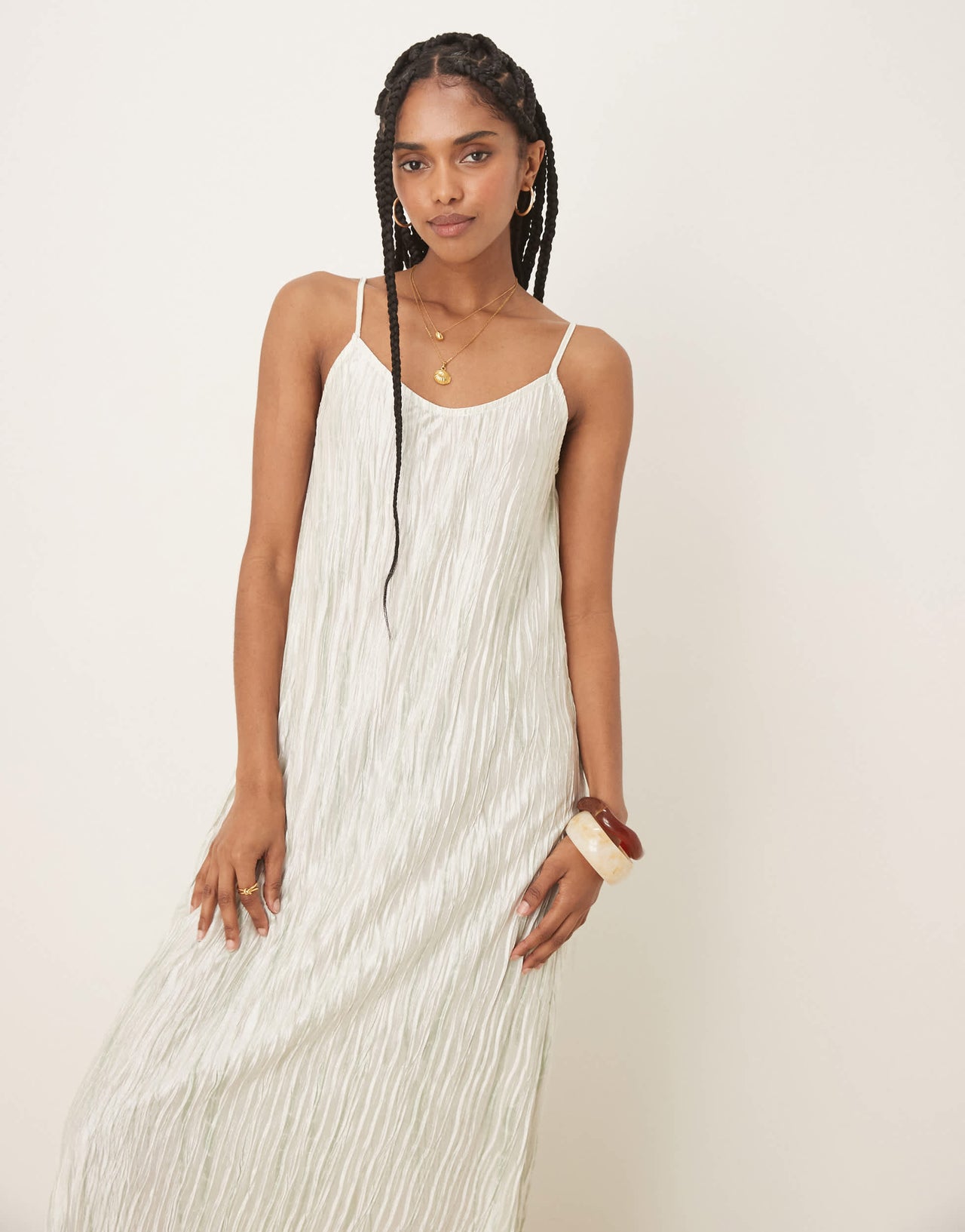 Vila plisse cami maxi slip dress in pale silt green tie dye