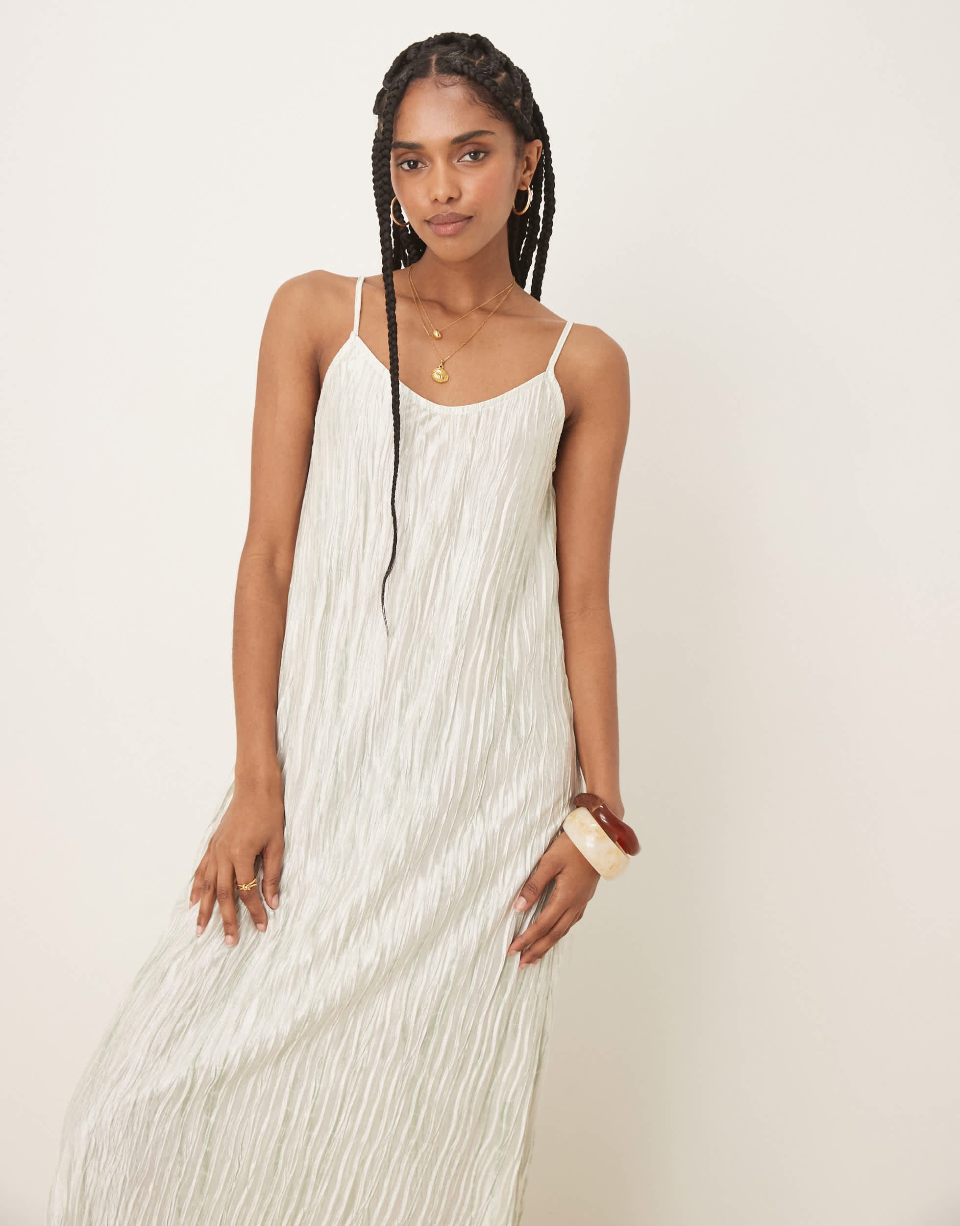 Vila plisse cami maxi slip dress in pale silt green tie dye