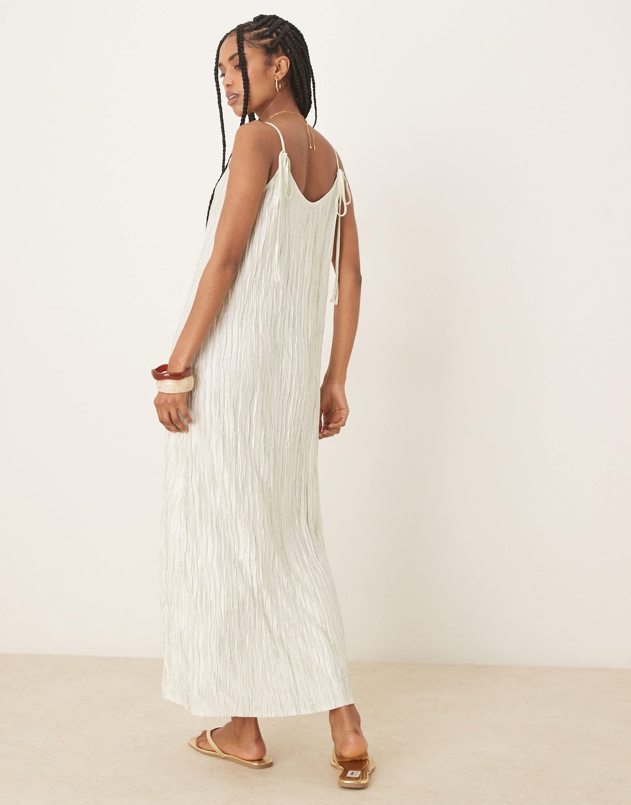 Vila plisse cami maxi slip dress in pale silt green tie dye