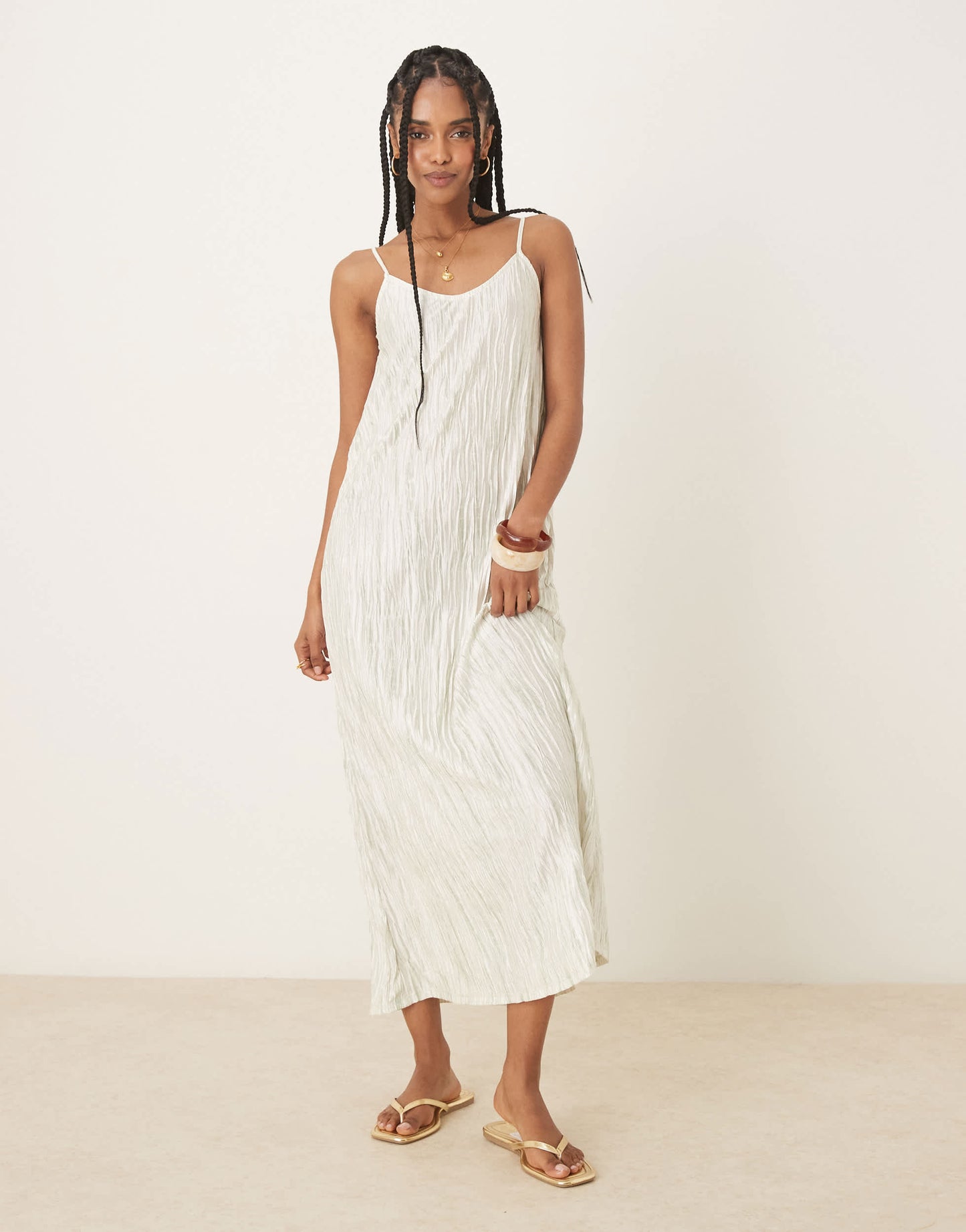 Vila plisse cami maxi slip dress in pale silt green tie dye