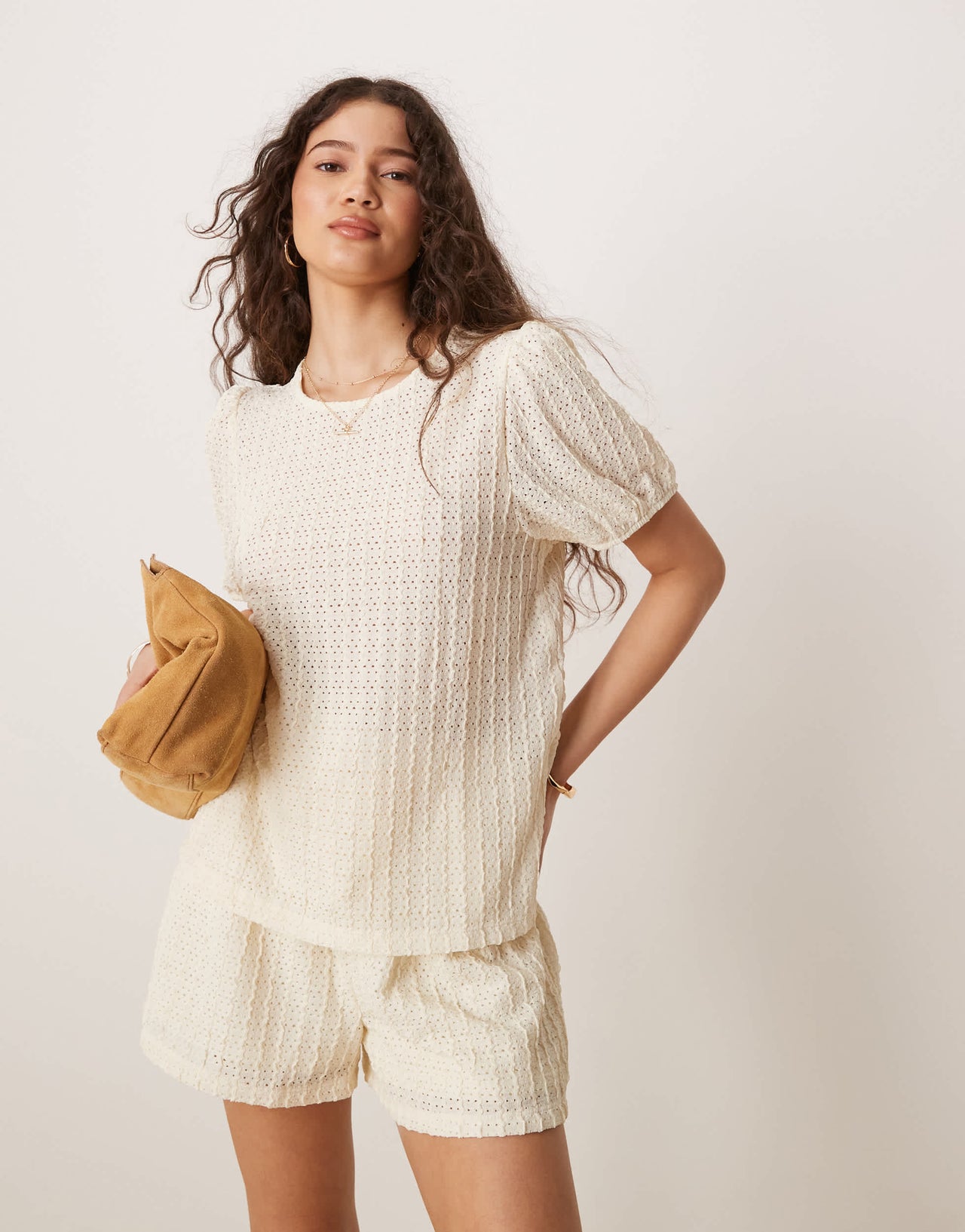 Vila textured short co-ord in cream