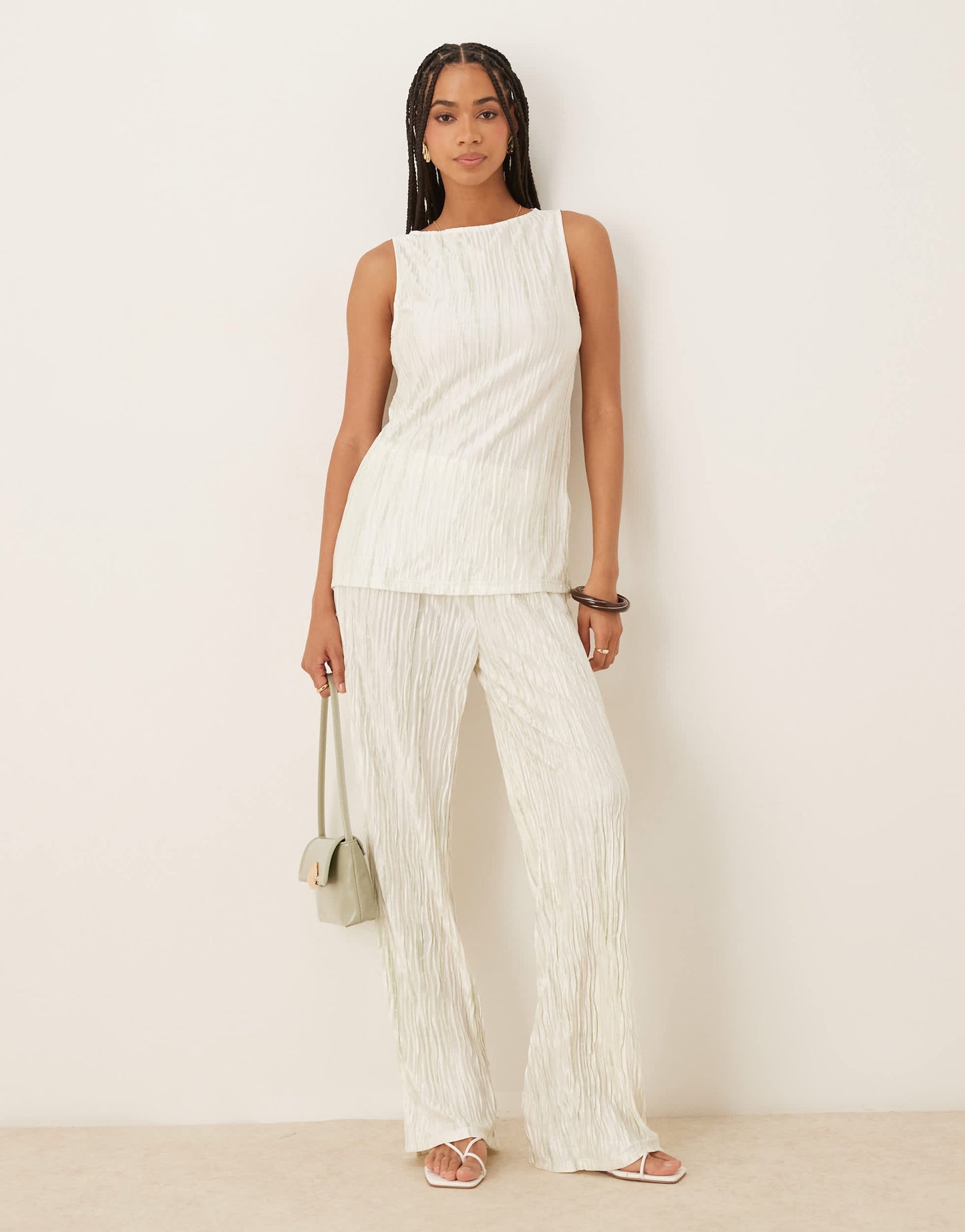 Vila plisse slash neck sleeveless top co-ord in pale silt green tie dye