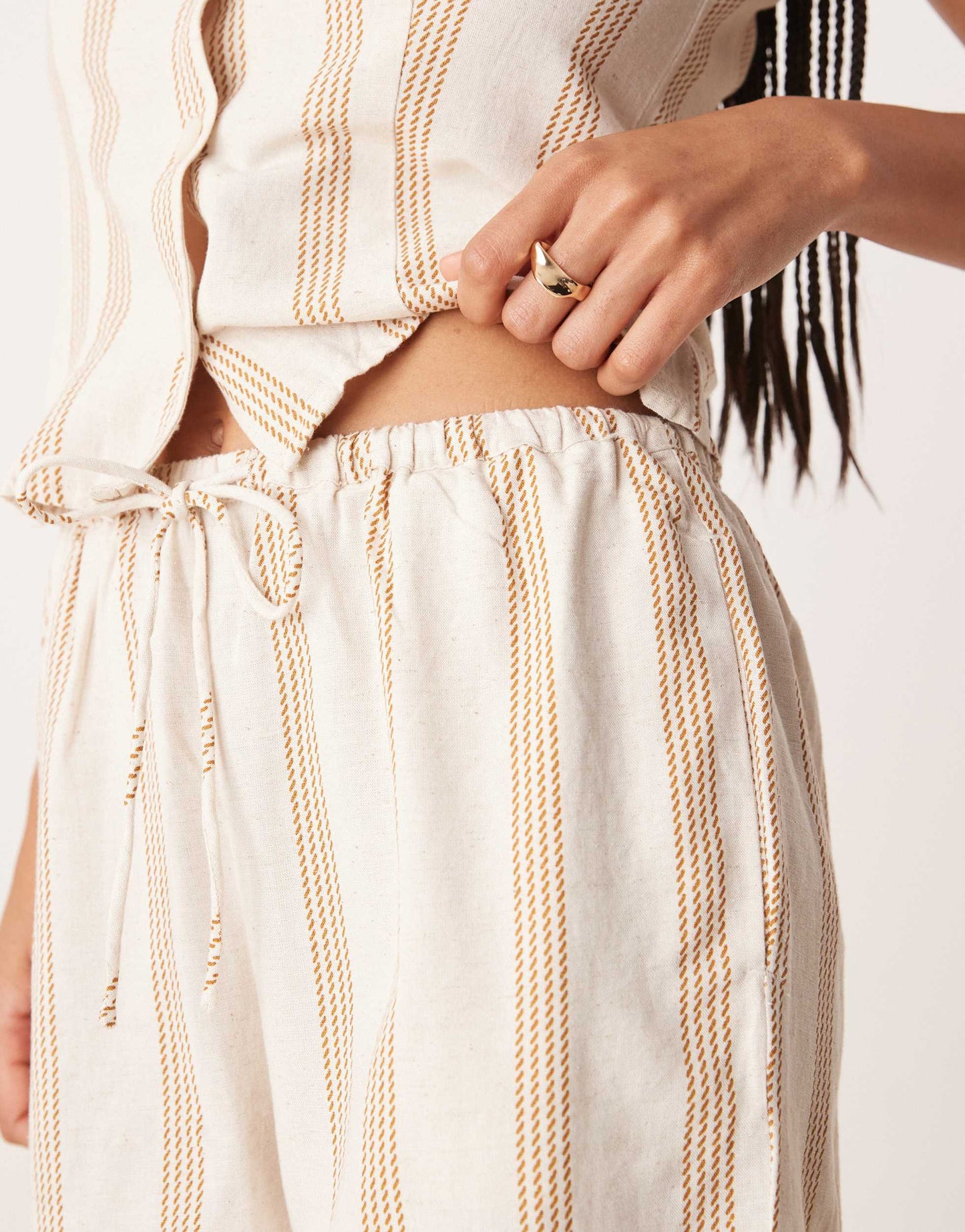 Vila mix and match linen touch tie waist shorts in cream & tan stripe
