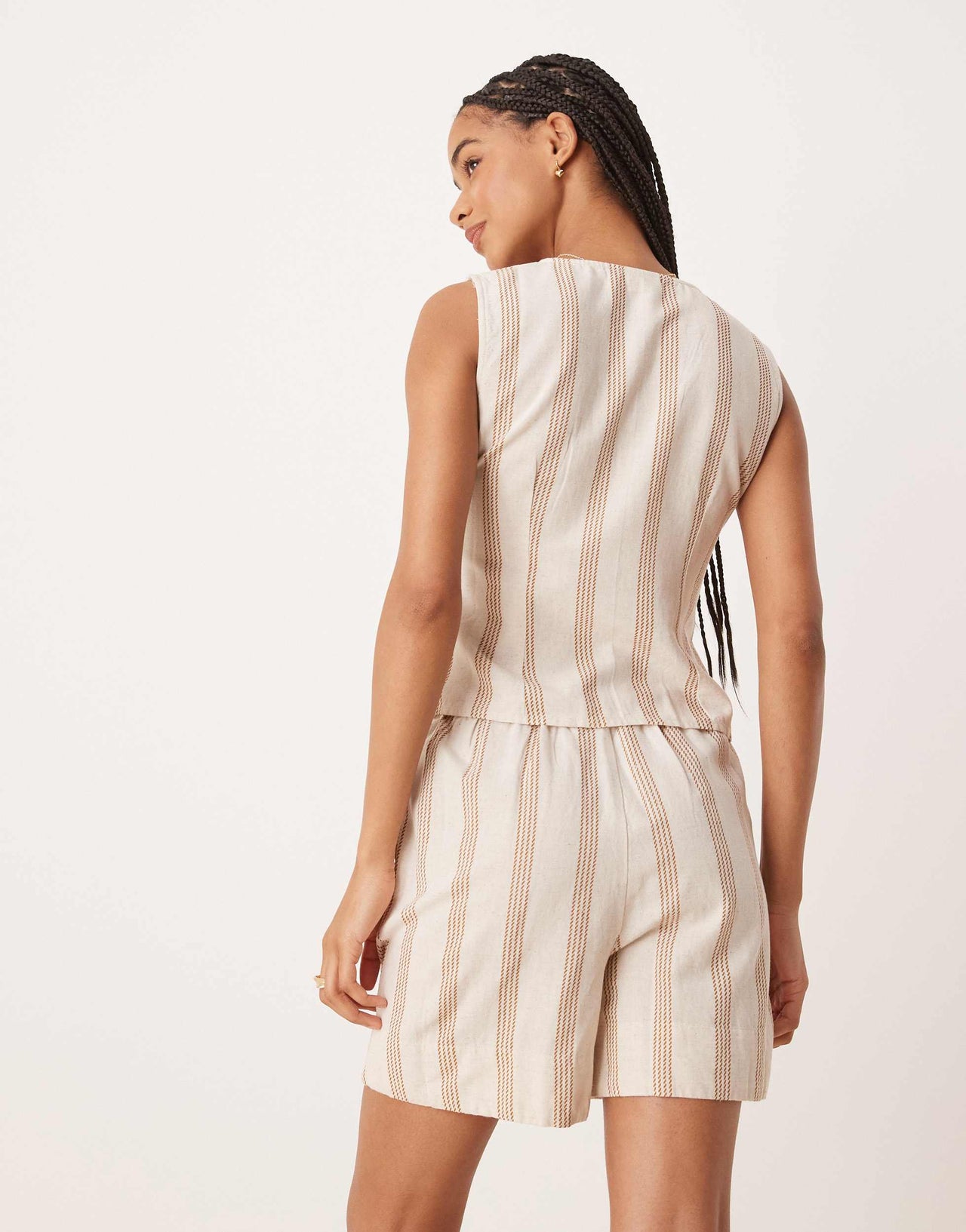 Vila mix and match linen touch tie waist shorts in cream & tan stripe