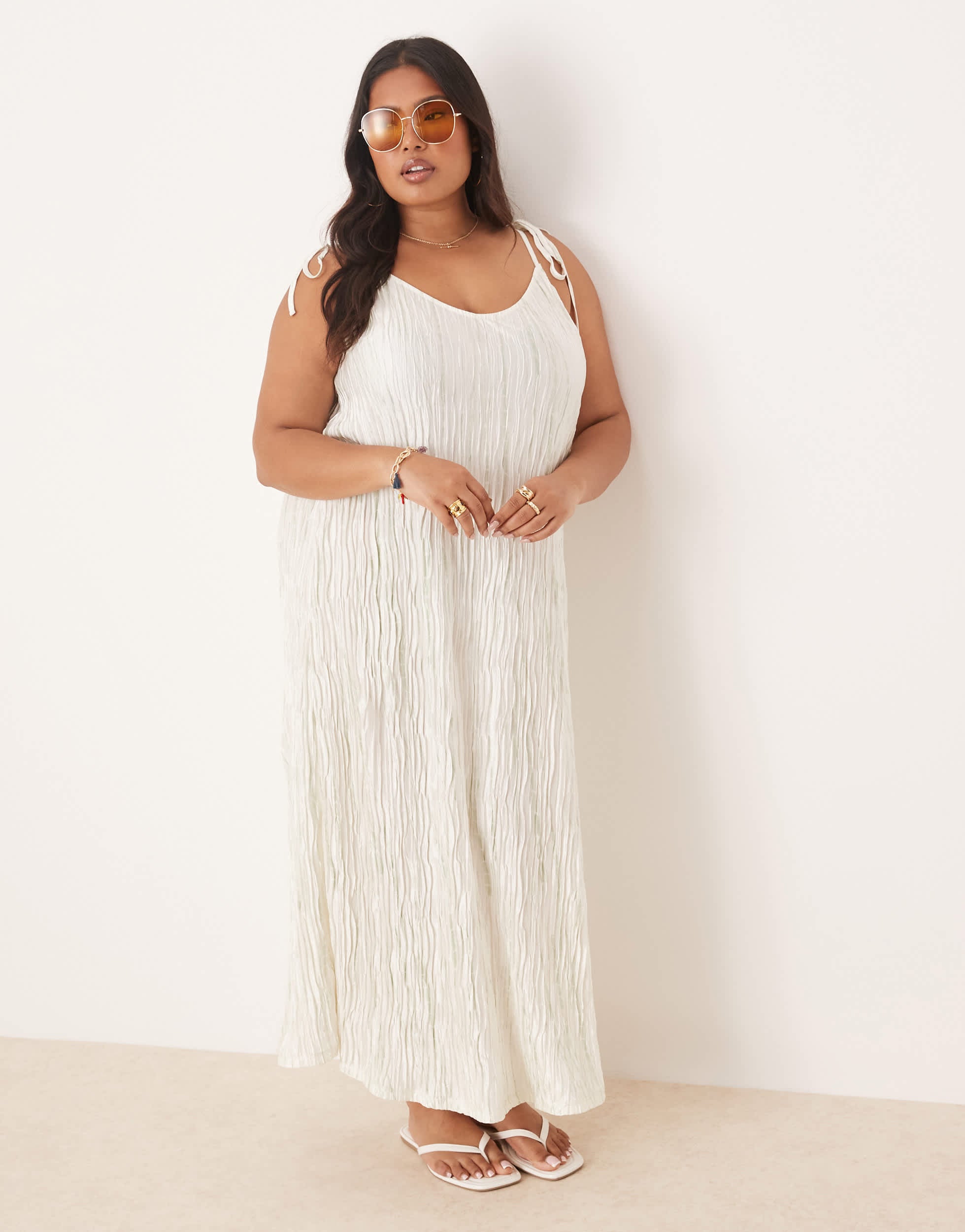 Vila Curve plisse cami maxi slip dress in pale silt green tie dye