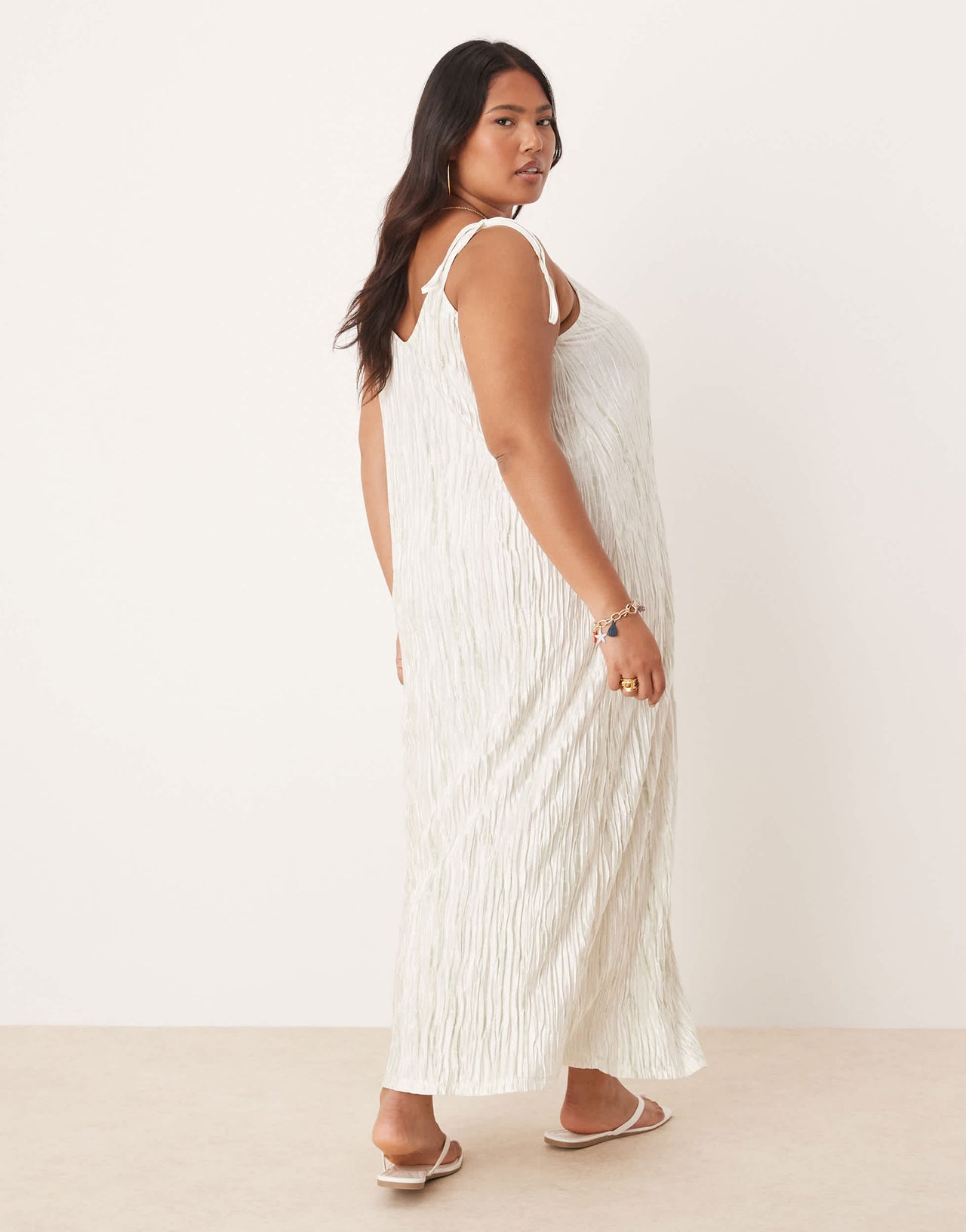 Vila Curve plisse cami maxi slip dress in pale silt green tie dye
