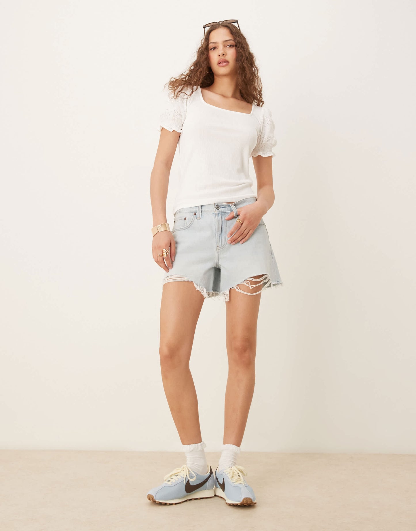Vila square neck textured puff sleeve top in white
