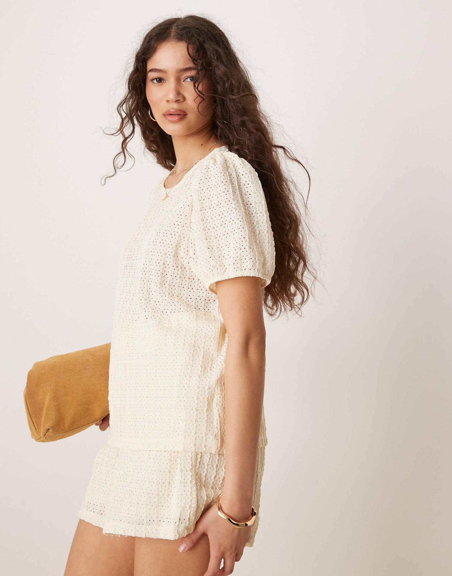 Vila textured puff sleeve t-shirt co-ord in cream
