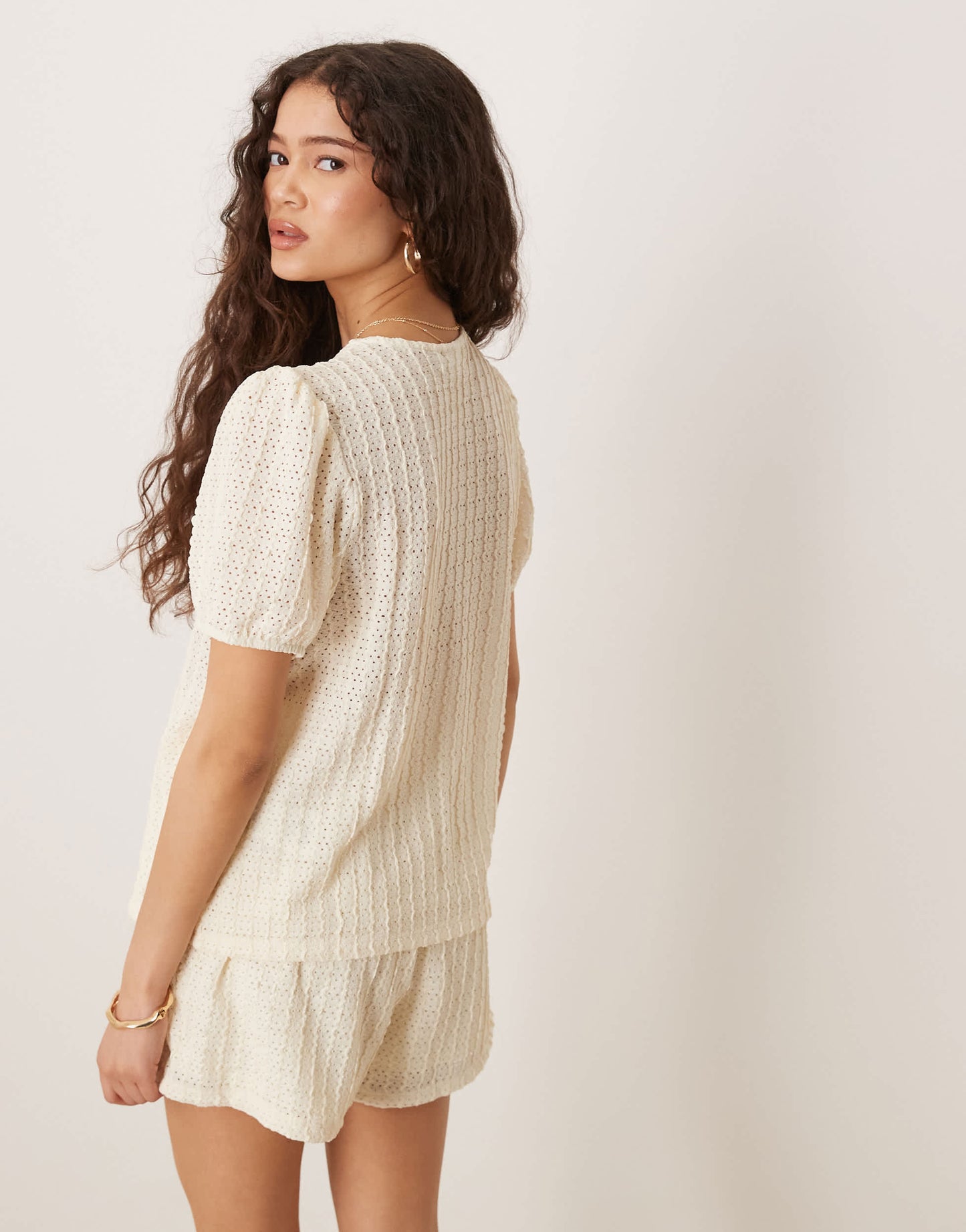 Vila textured puff sleeve t-shirt co-ord in cream