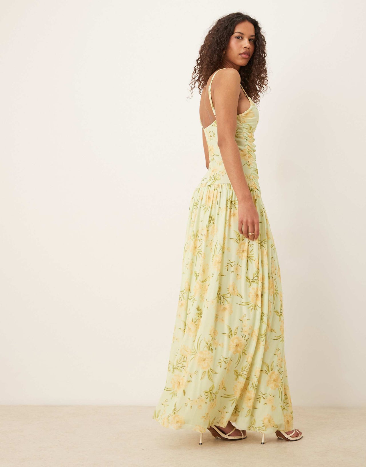Vila ruched mesh maxi dress in yellow floral print