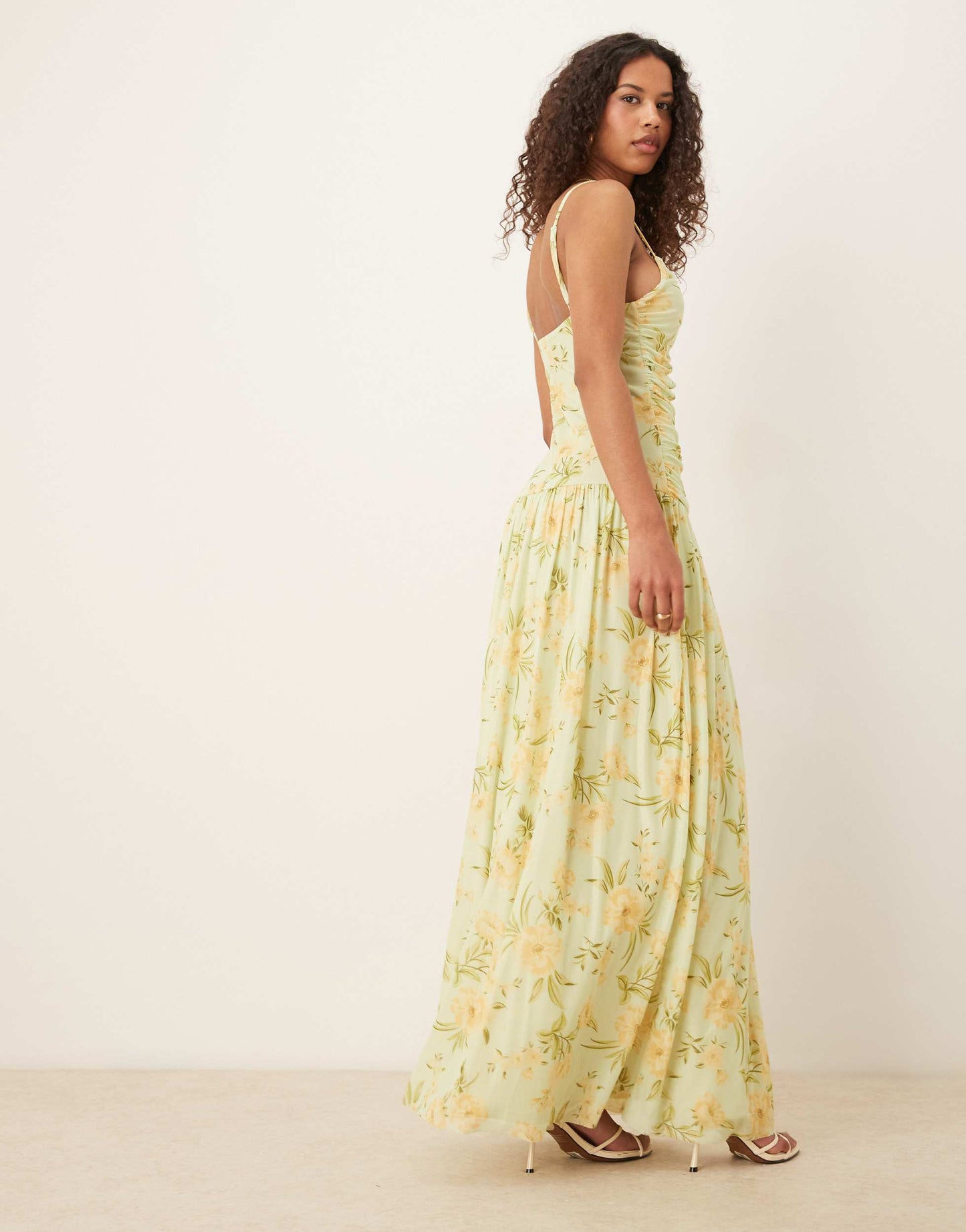 Vila ruched mesh maxi dress in yellow floral print