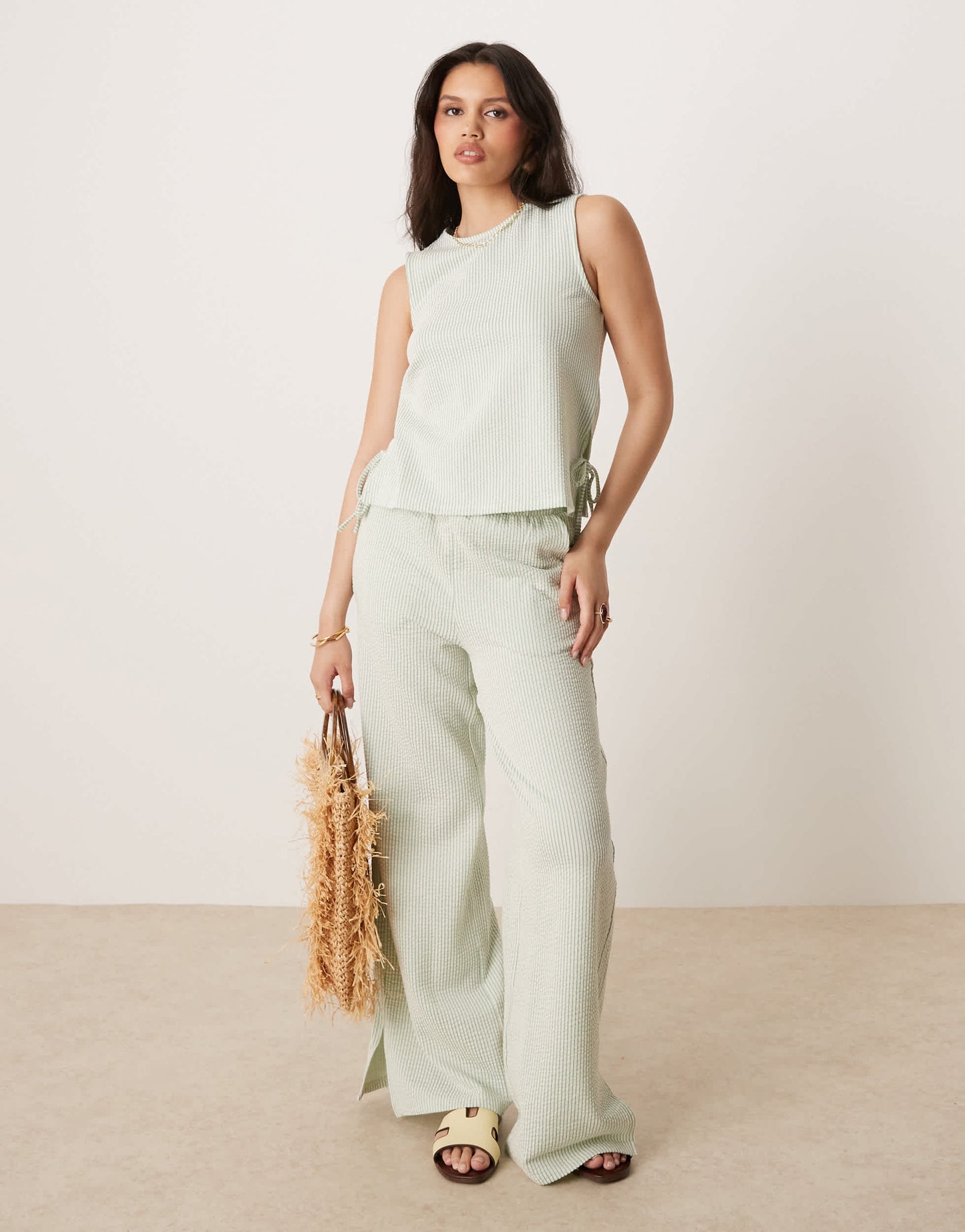 Vila textured stripe wide leg trouser co-ord in green and cream