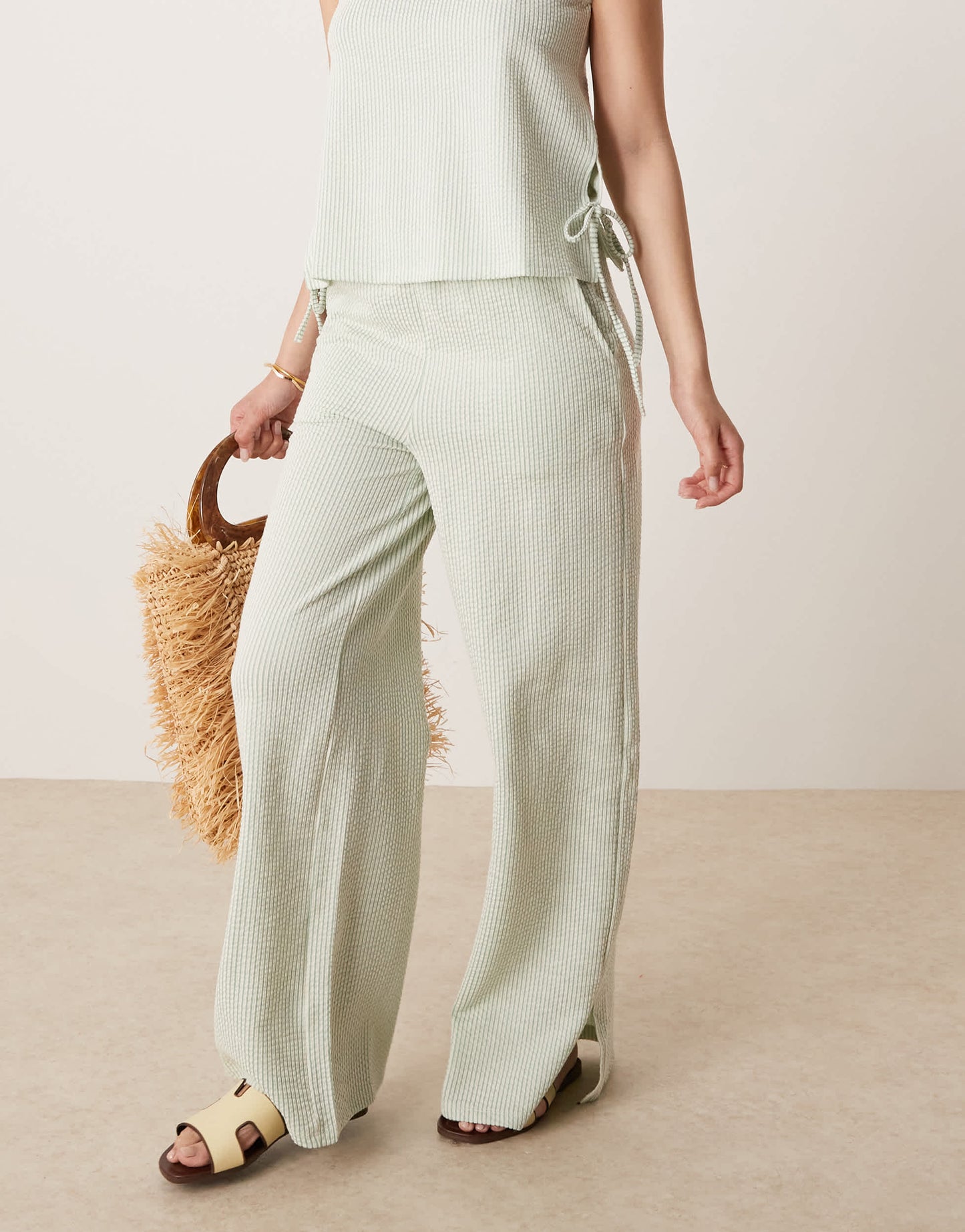 Vila textured stripe wide leg trouser co-ord in green and cream