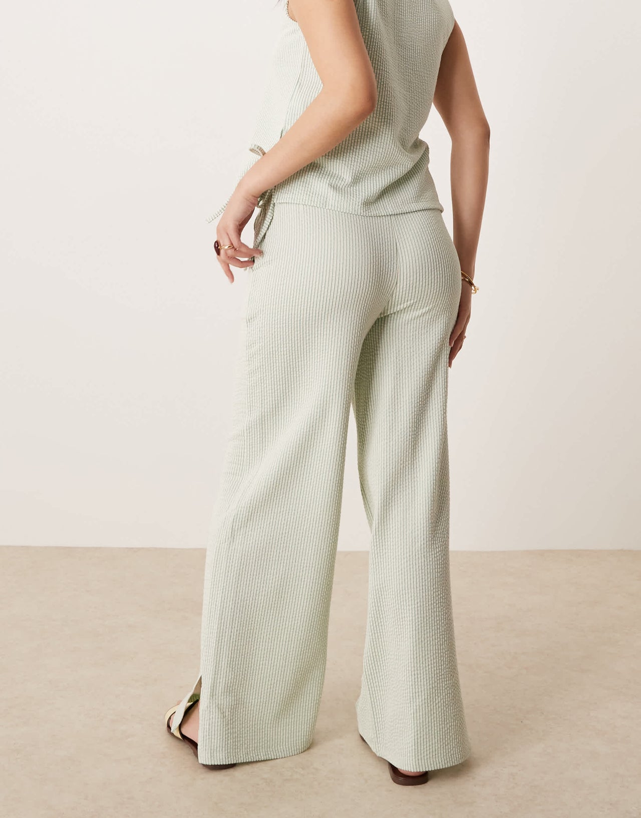 Vila textured stripe wide leg trouser co-ord in green and cream