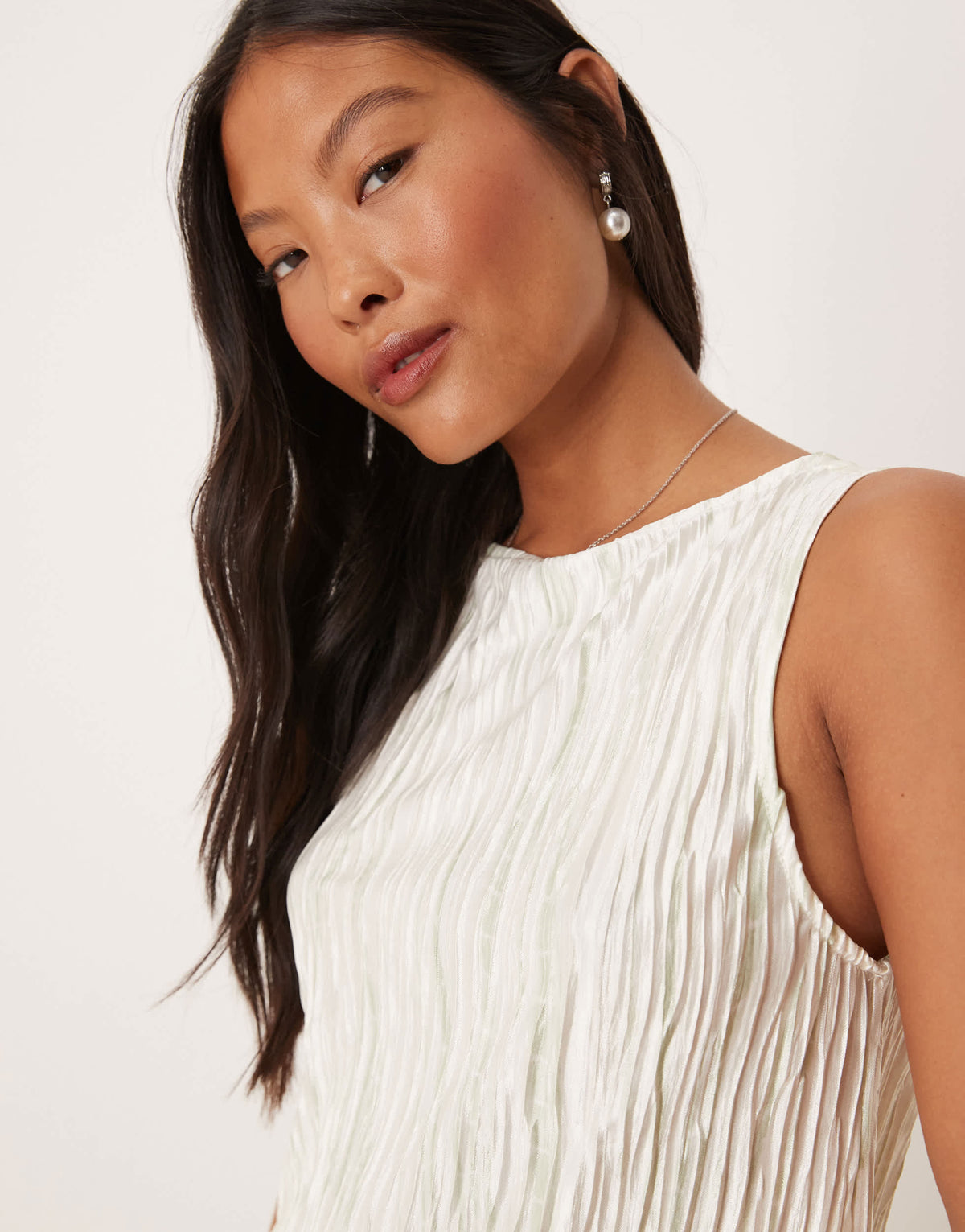 Vila Petite plisse slash neck sleeveless top co-ord in pale silt green tie dye