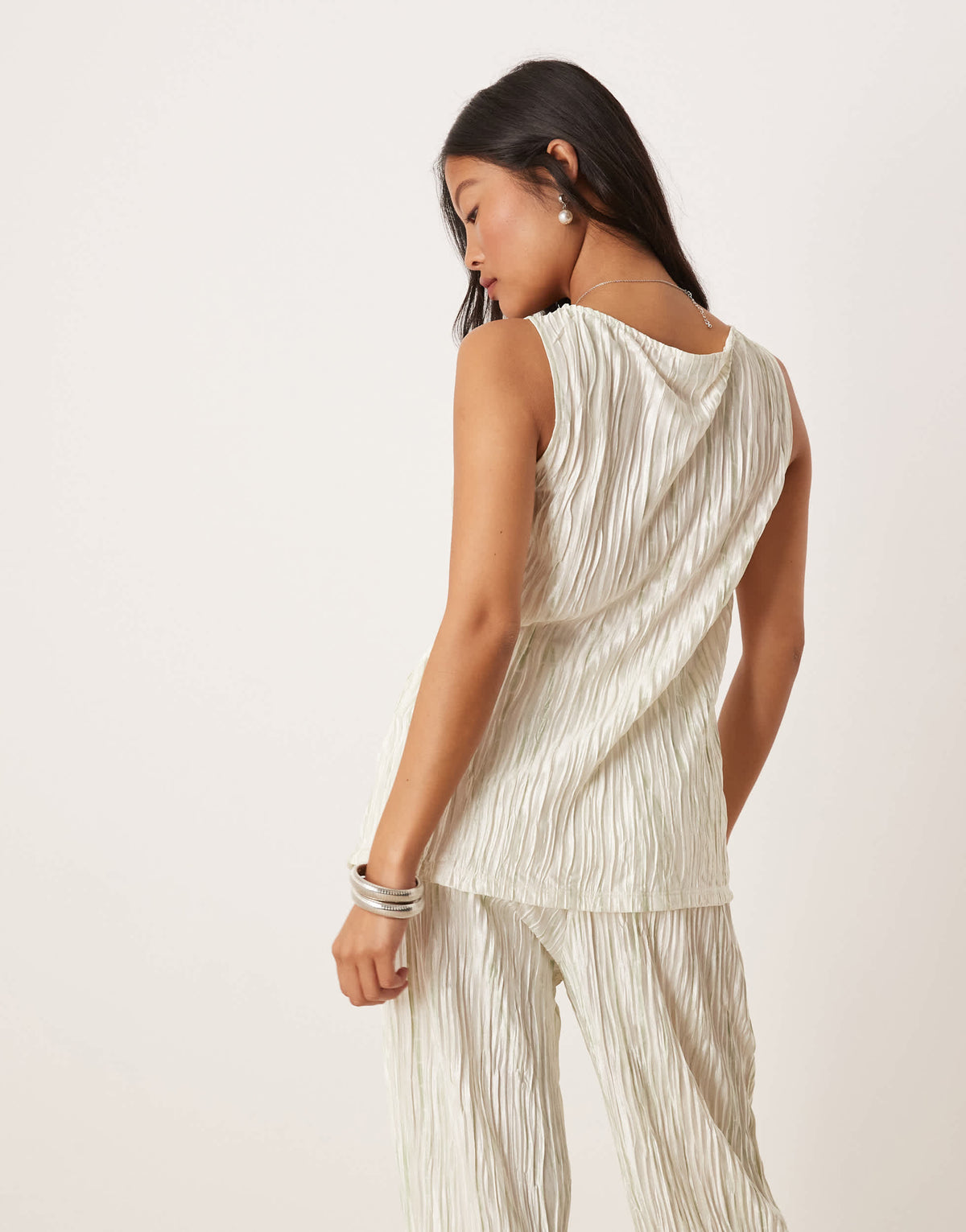 Vila Petite plisse slash neck sleeveless top co-ord in pale silt green tie dye