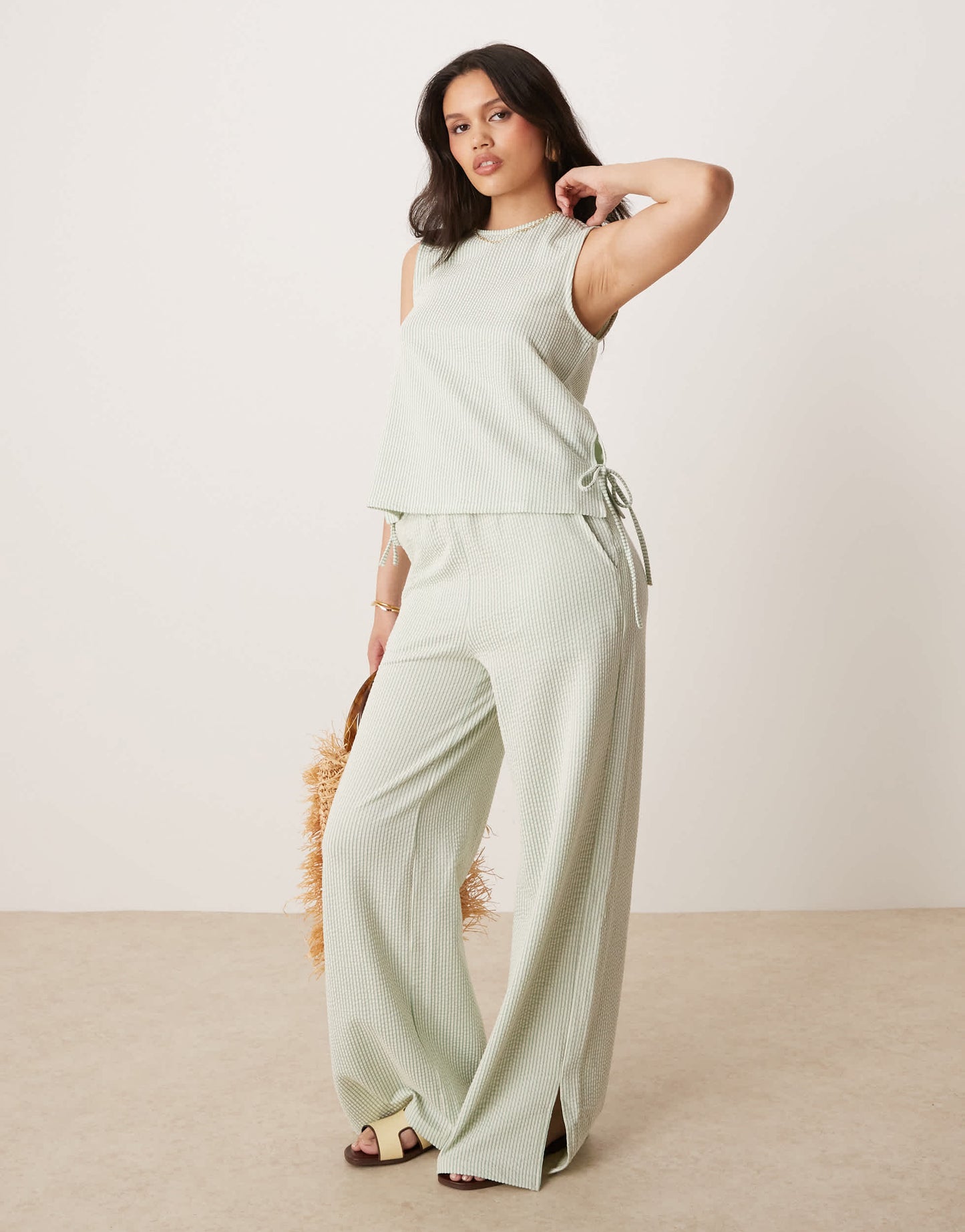 Vila textured stripe sleevless tie side top co-ord in green and cream