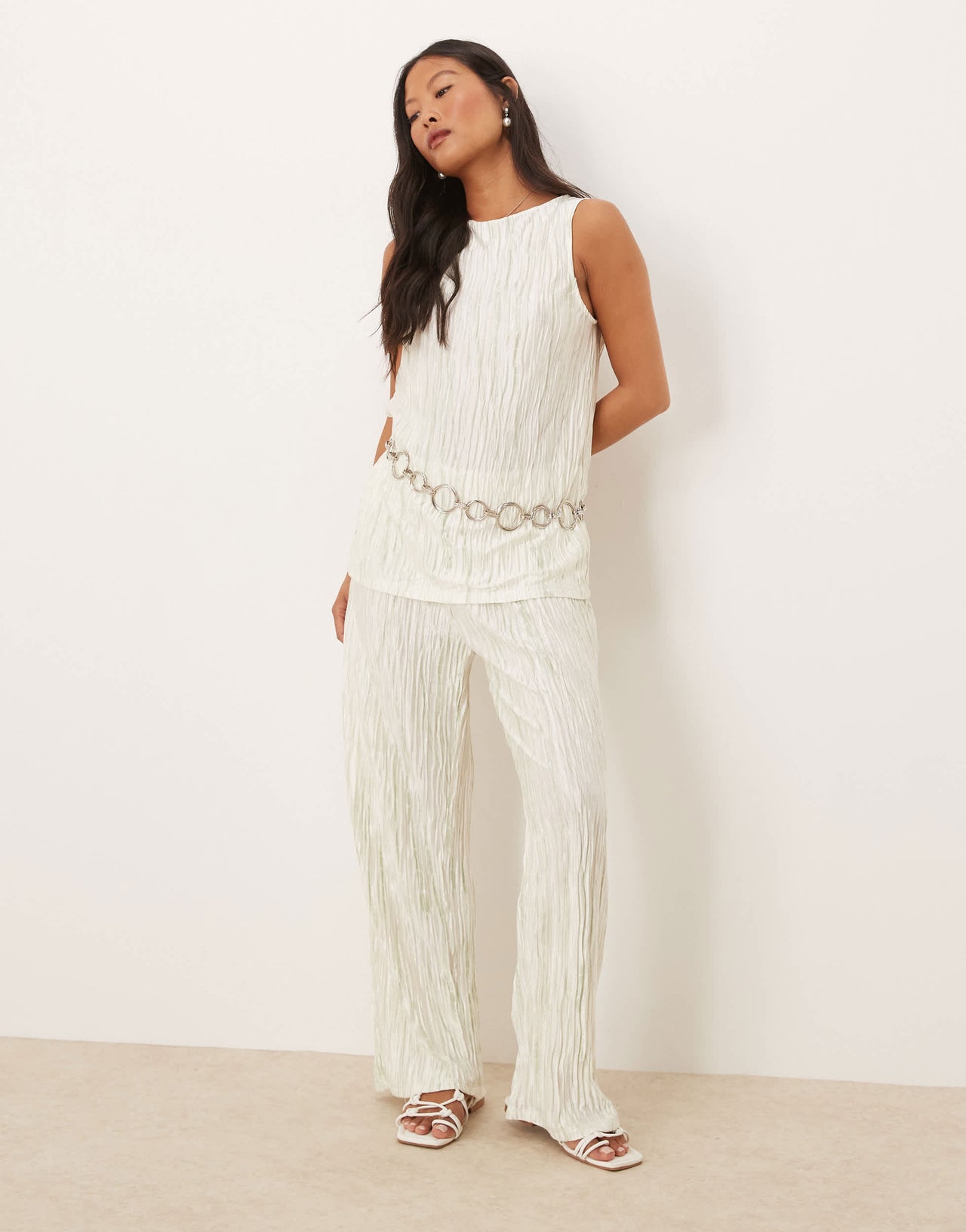 Vila Petite high waist plisse wide leg trouser co-ord in pale silt green tie dye